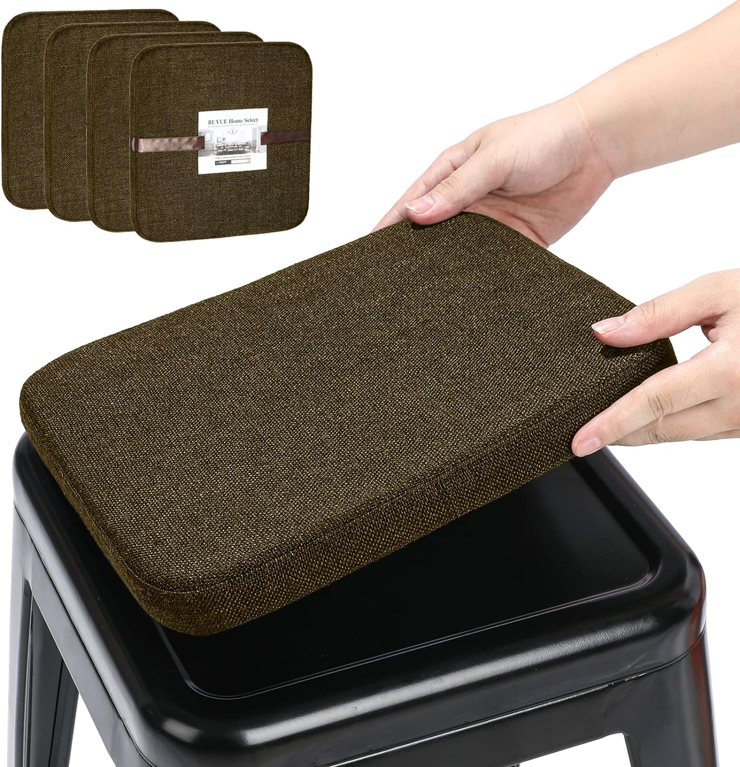 BUYUE Natural Linen Magnetic Bar Stool Cushions Set of 4, Enhanced Anti-Slip Bre...