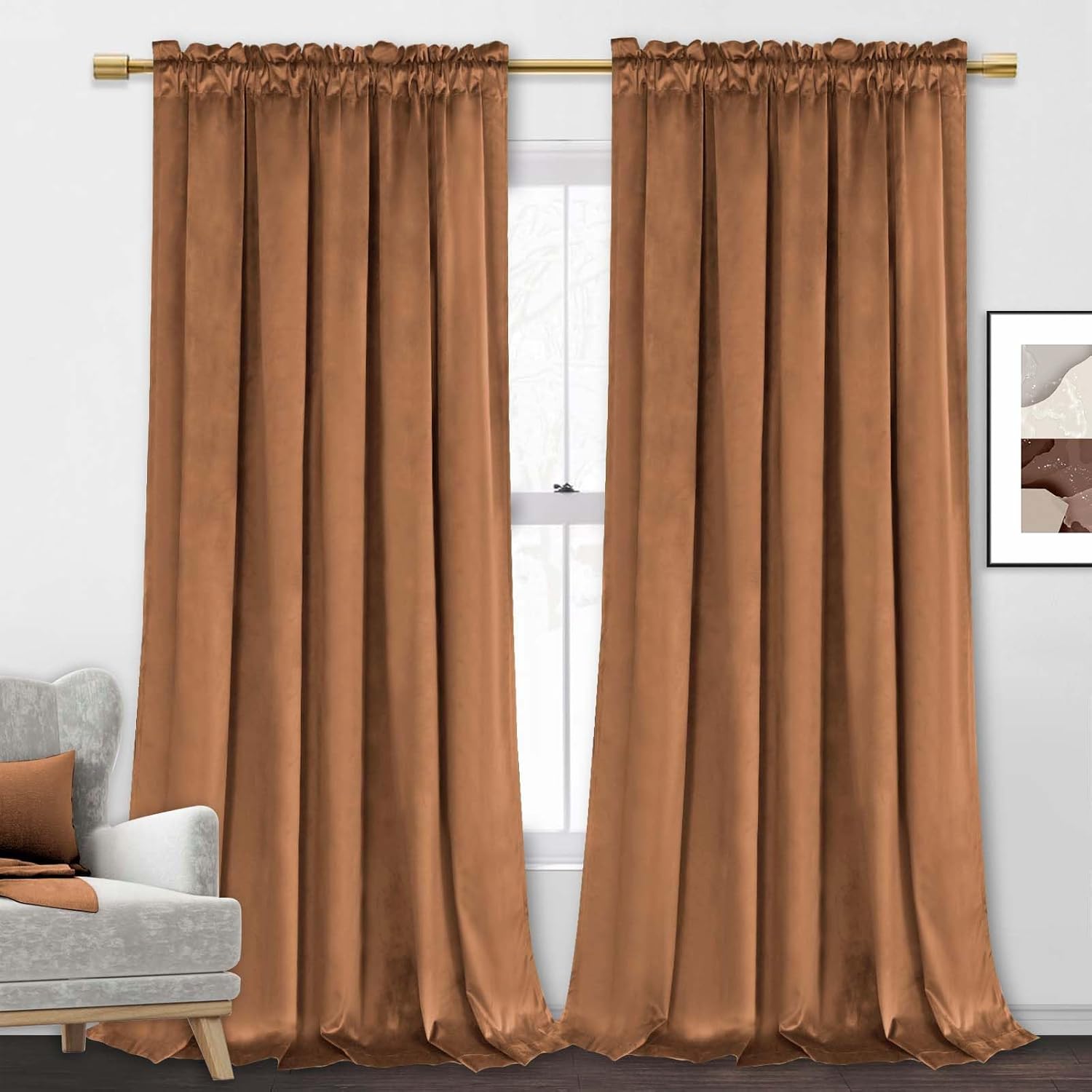 JIUZHEN Gold Brown Velvet Curtains 108 inches for Living Room - Privacy Protect...