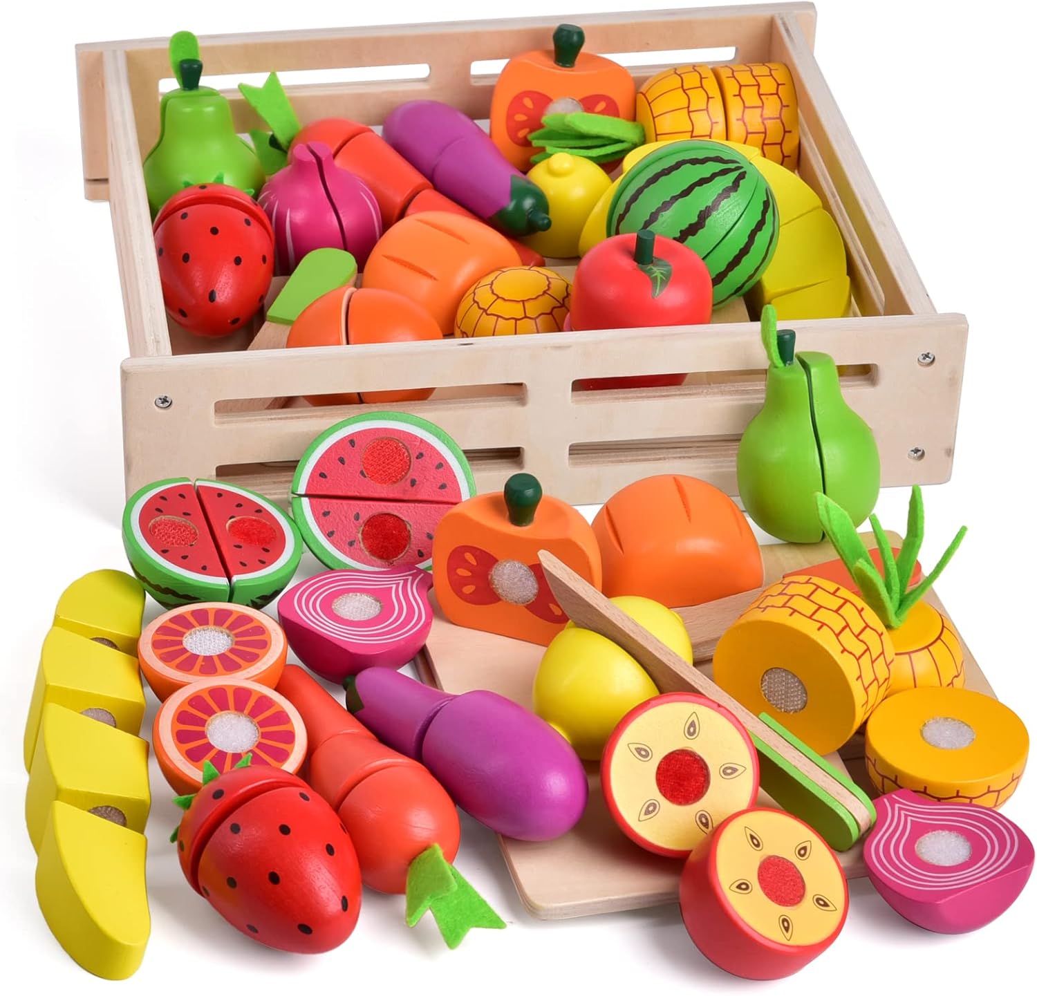 FUN LITTLE TOYS 35PCS Wooden Play Food for Kids Kitchen, Pretend Cutting Food To...