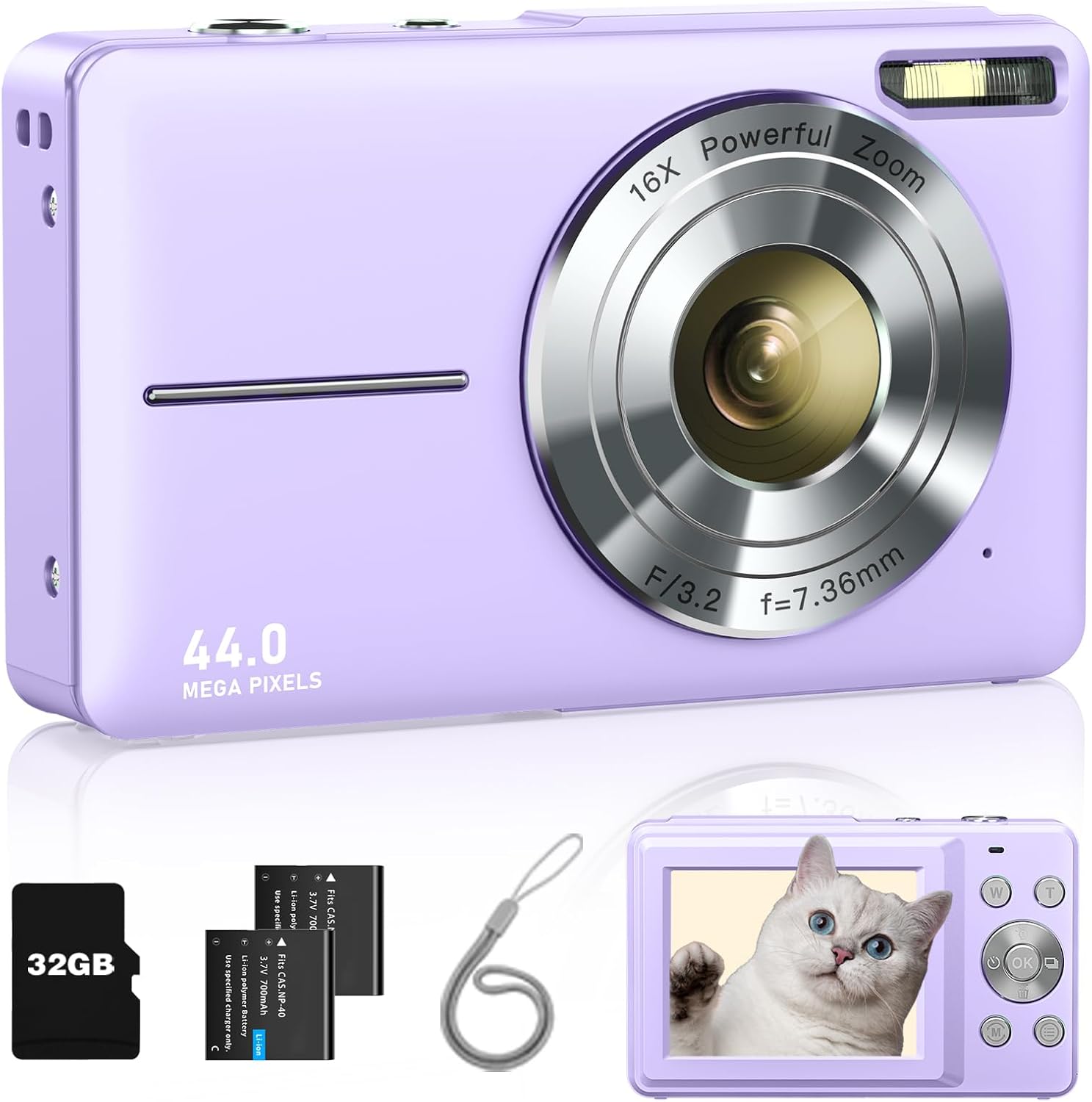 Digital Camera, FHD 1080P Kids Camera with 32GB Card, 2 Batteries, Lanyard, 44MP...