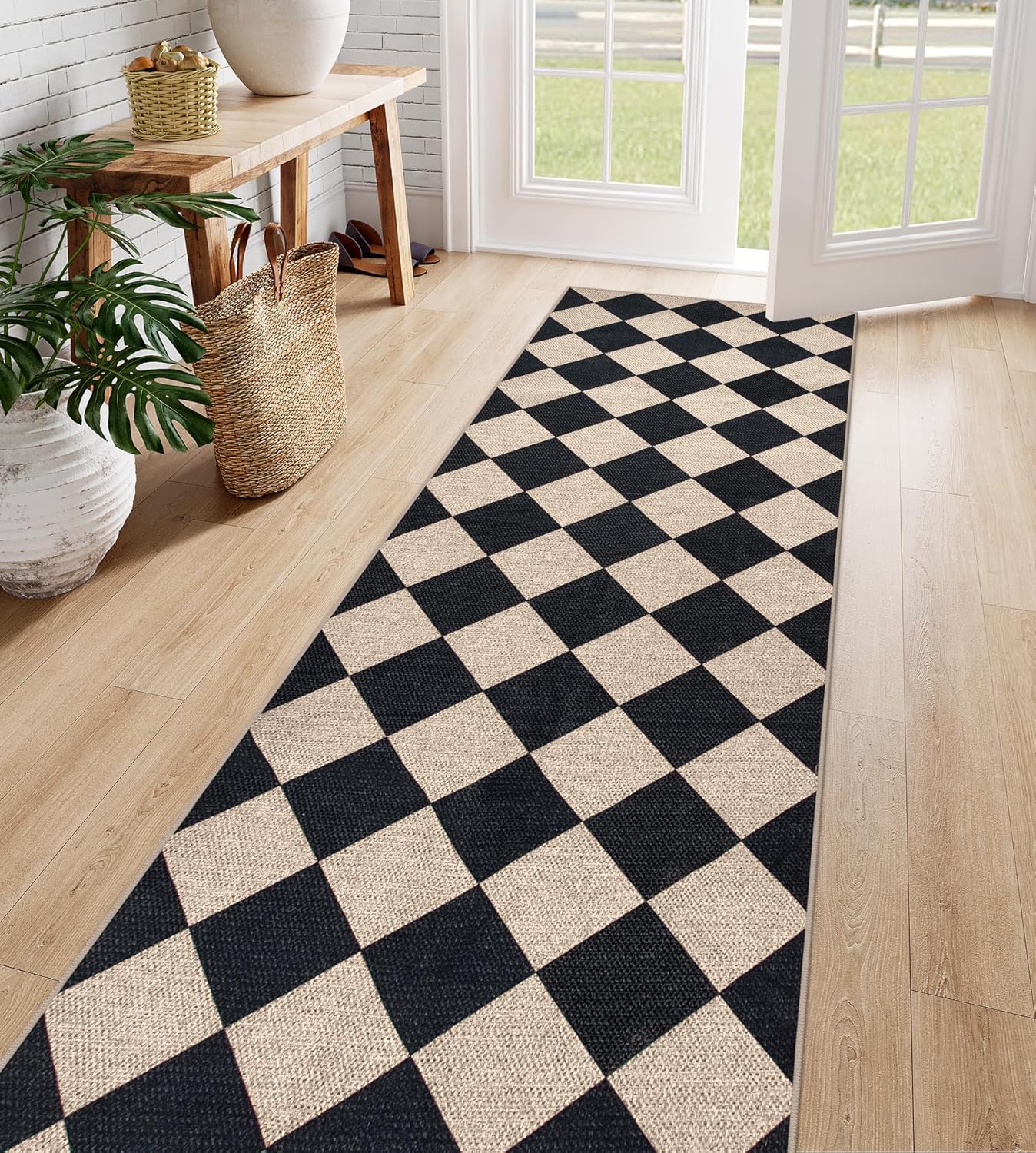 Lahome Checkered Easy Jute Runner Rug, 2x8 Hallway Kitchen Runner Rug Non Slip W...