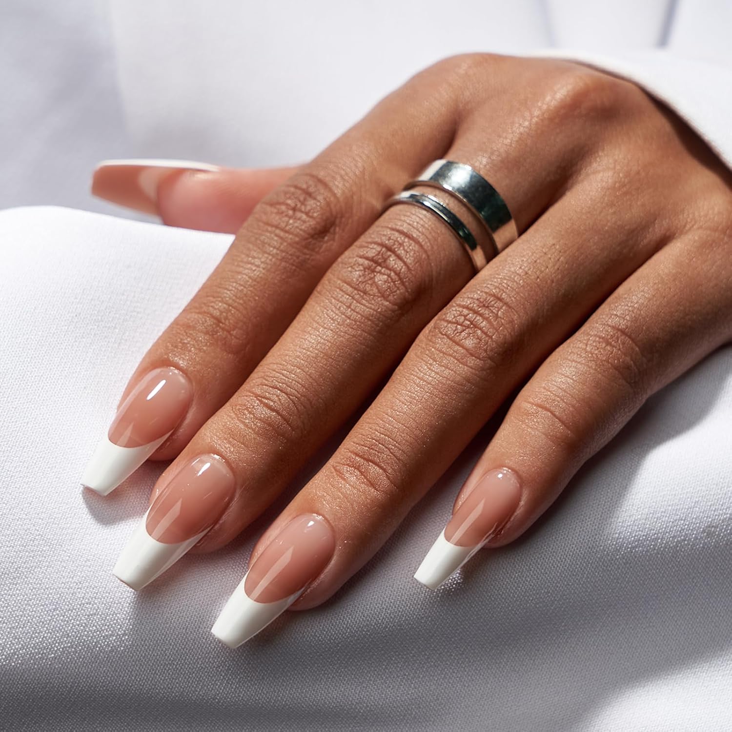 BTArtbox French Tip Press On Nails - Press On Nails Medium Coffin, Glue On Nails...