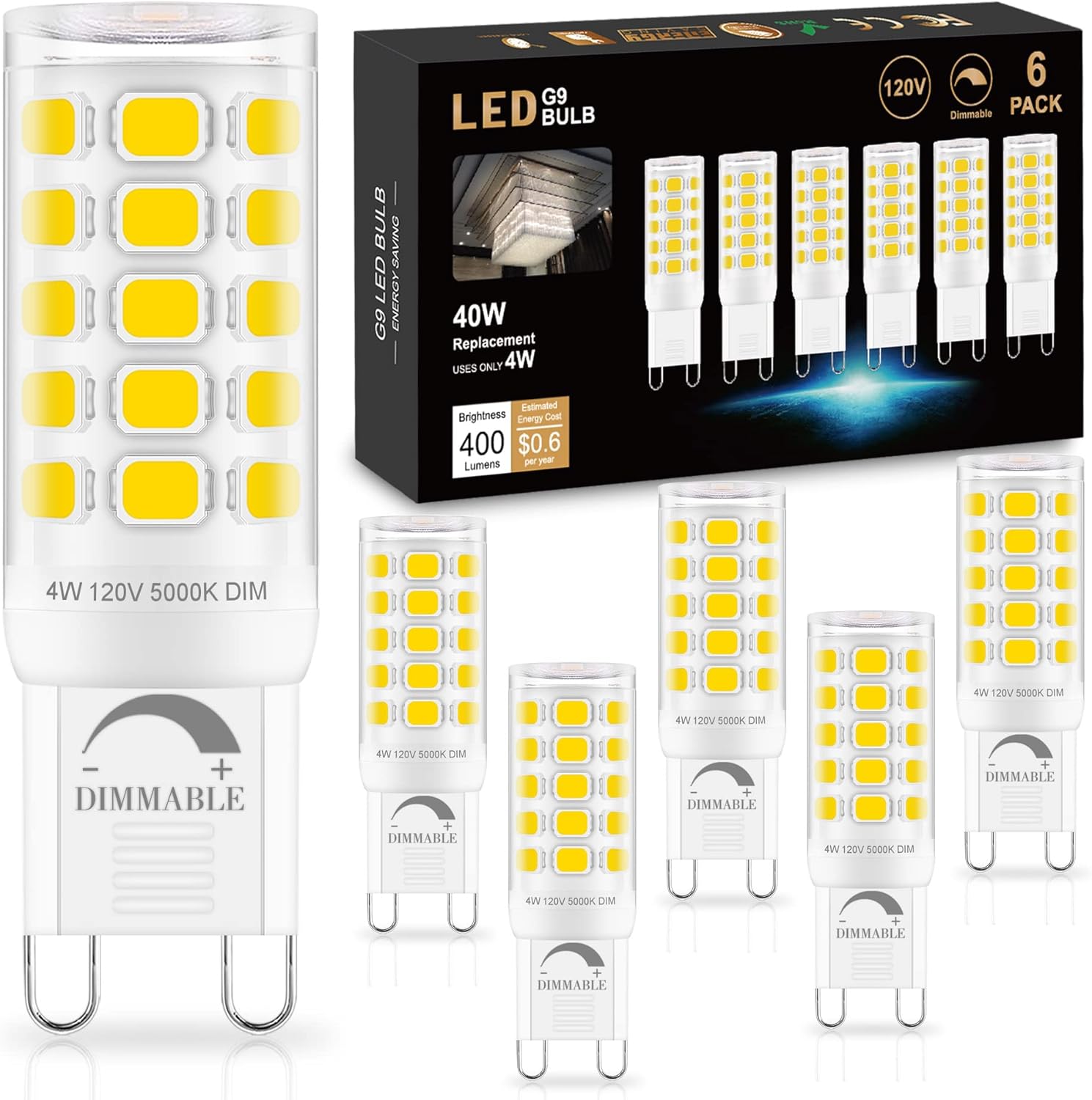 Sailstar 6 Pack Dimmable G9 LED Bulbs 5000K Daylight, T4 G9 4W Replacement for 4...