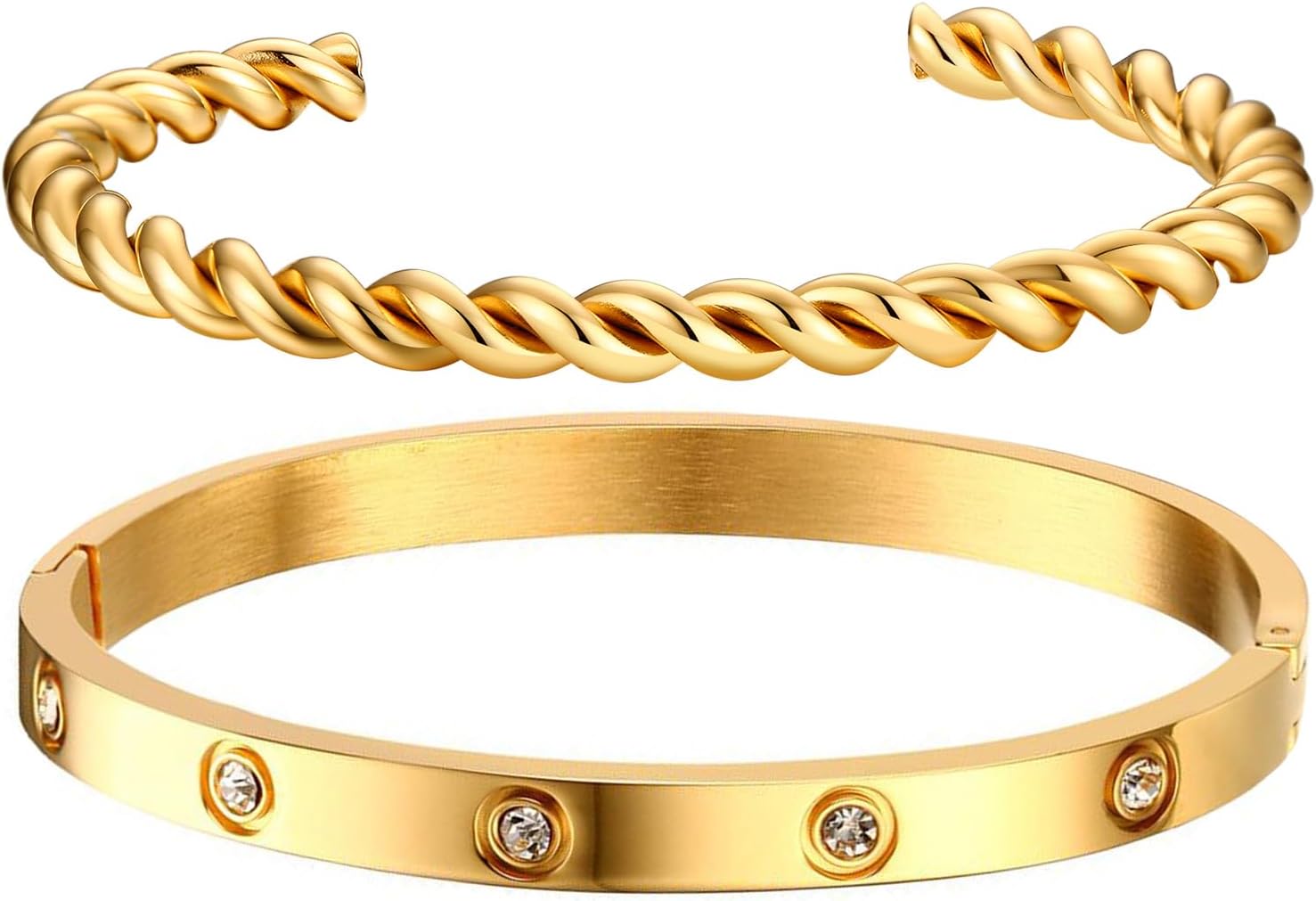 Gold Bracelets for Women - 2Pcs 18K Gold Plated Love Cubic Zirconia Bangle Cryst...