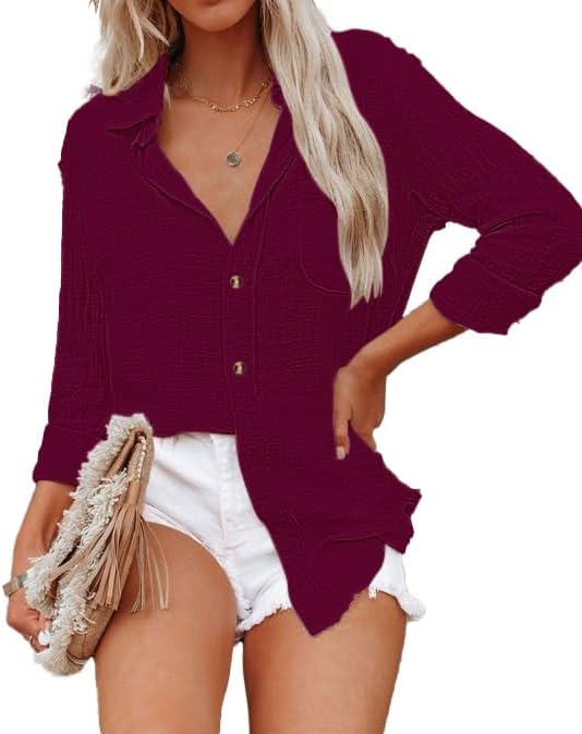 Women's Cotton Linen V Neck Button Down Shirt Long/Roll Up Sleeve Casual Collare...