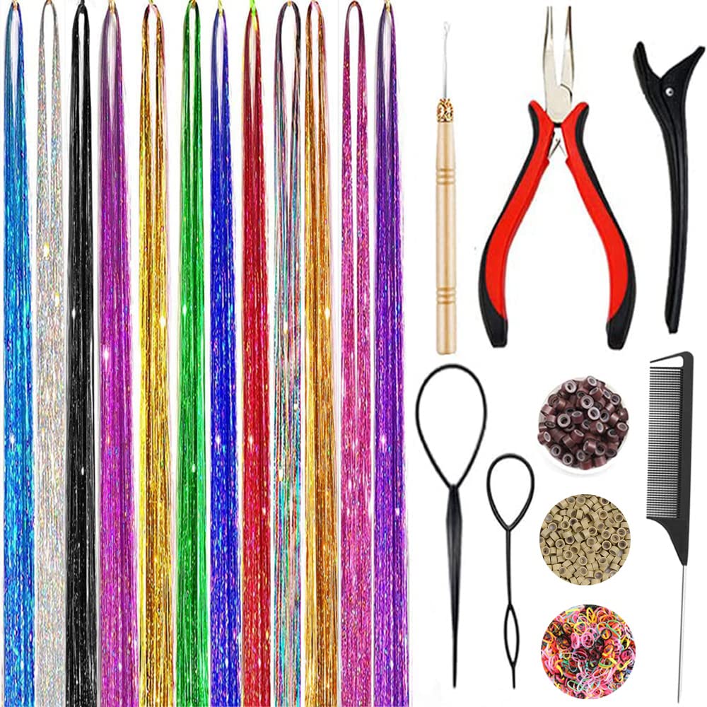 Hair Tinsel Kit, Fairy Tinsel Hair Extensions With Tool 3200 Strands 12 Colors H...