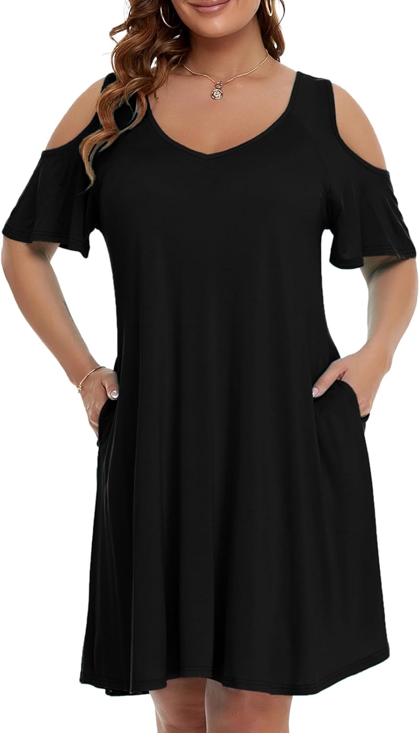 JollieLovin Womens Plus Size Short Sleeve Cold Shoulder V Neck T-Shirt Dress wit...