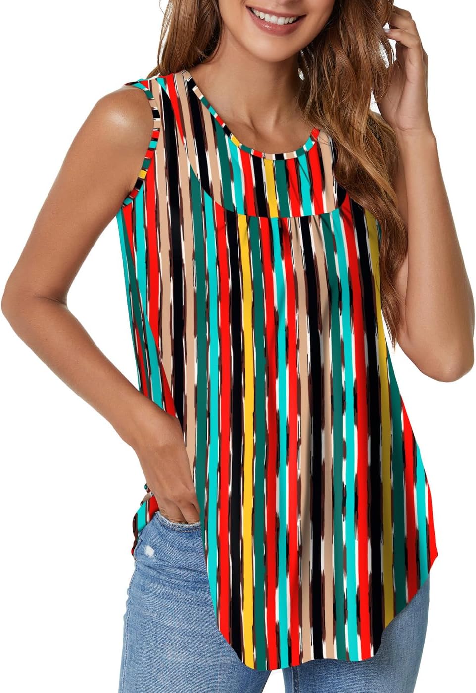 Women's Sleeveless Tank Tops Printed Pleated Loose Casual Blouse Shirt Flare Tun...