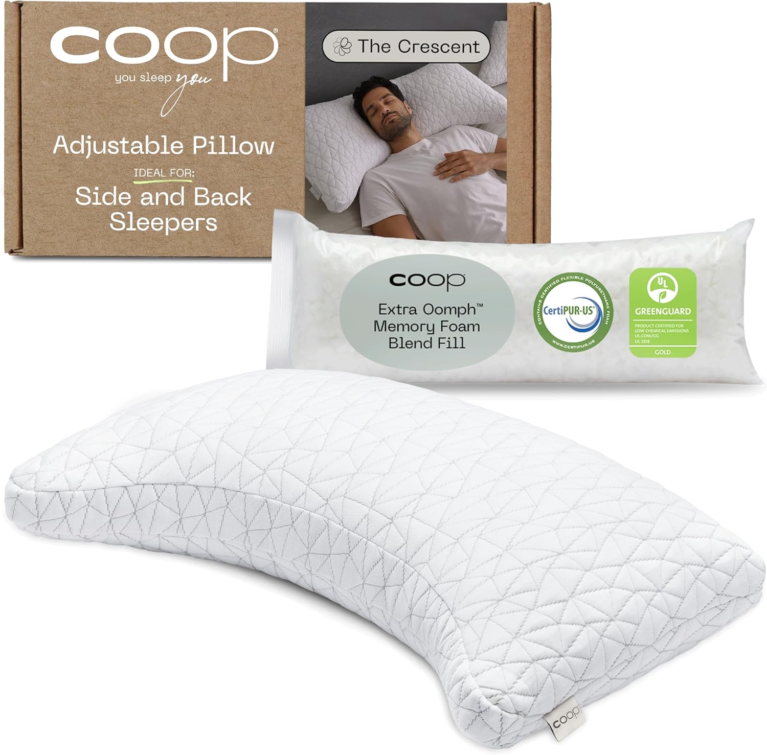 Coop Home Goods The Original Crescent Adjustable Pillow, King Bed Pillows for Sh...