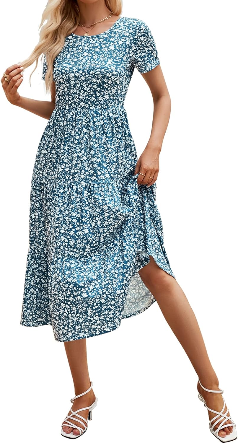 Sureple Spring Round Neck T Shirt Dress for Women Short Sleeve Midi Length,Swing...