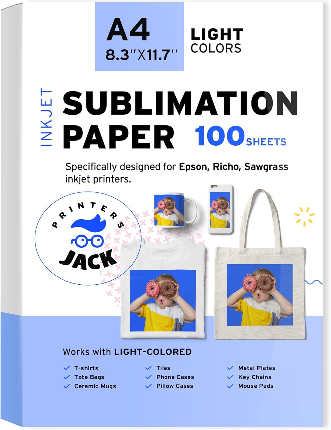 Printers Jack Sublimation Paper - Heat Transfer Paper 100 Sheets 8.3" x 11.7" fo...