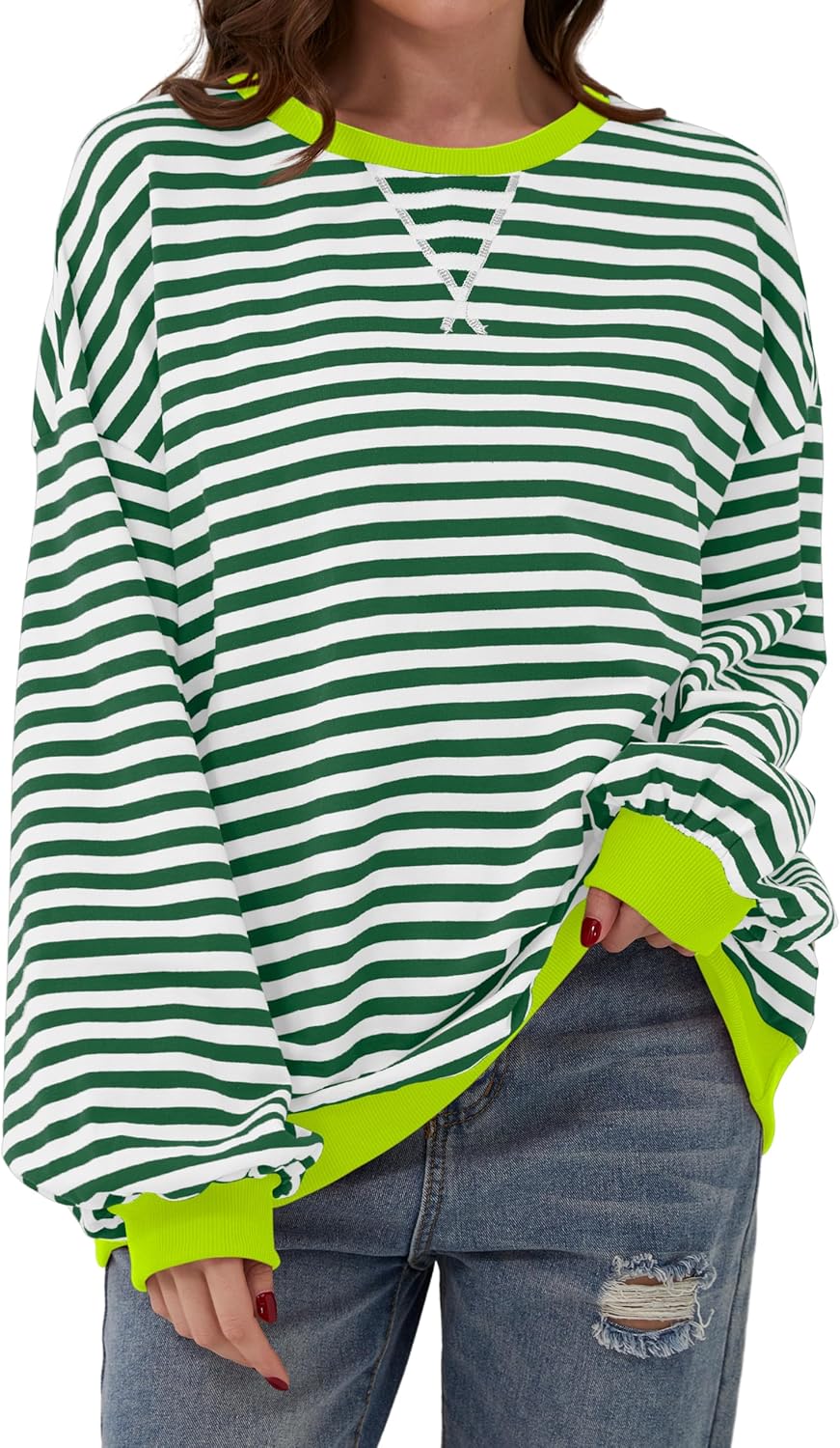Women Oversized Striped Color Block Long Sleeve Crew Neck Sweatshirt Casual Loos...