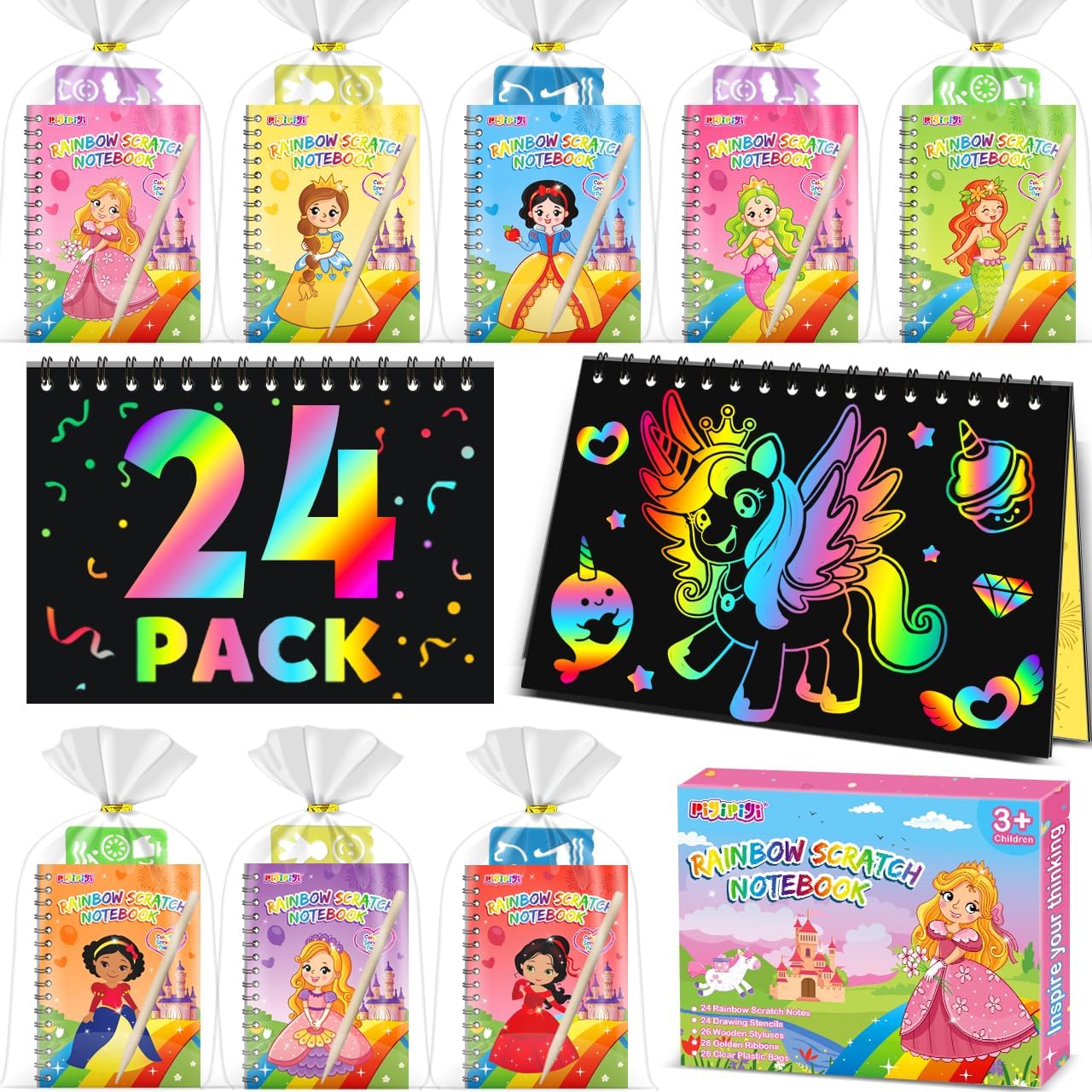 pigipigi Princess Party Favors for Kids: 24 Pack Rainbow Art Scratch paper Noteb...