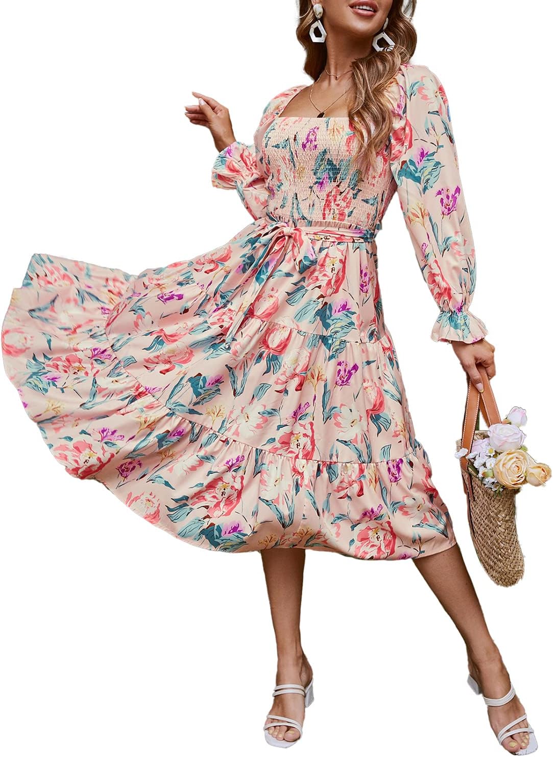 Amegoya Women's Boho Flowy Long Sleeve Square Neck Floral Midi Dress Smocked Spr...