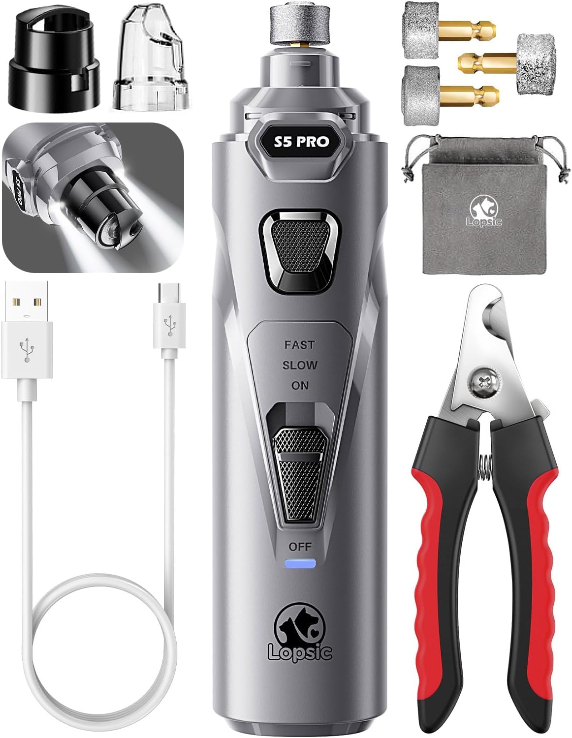 Dog Nail Grinder with 2 LED Lights Powerful 2-Speed Dog Nail Trimmers with 3 Gri...