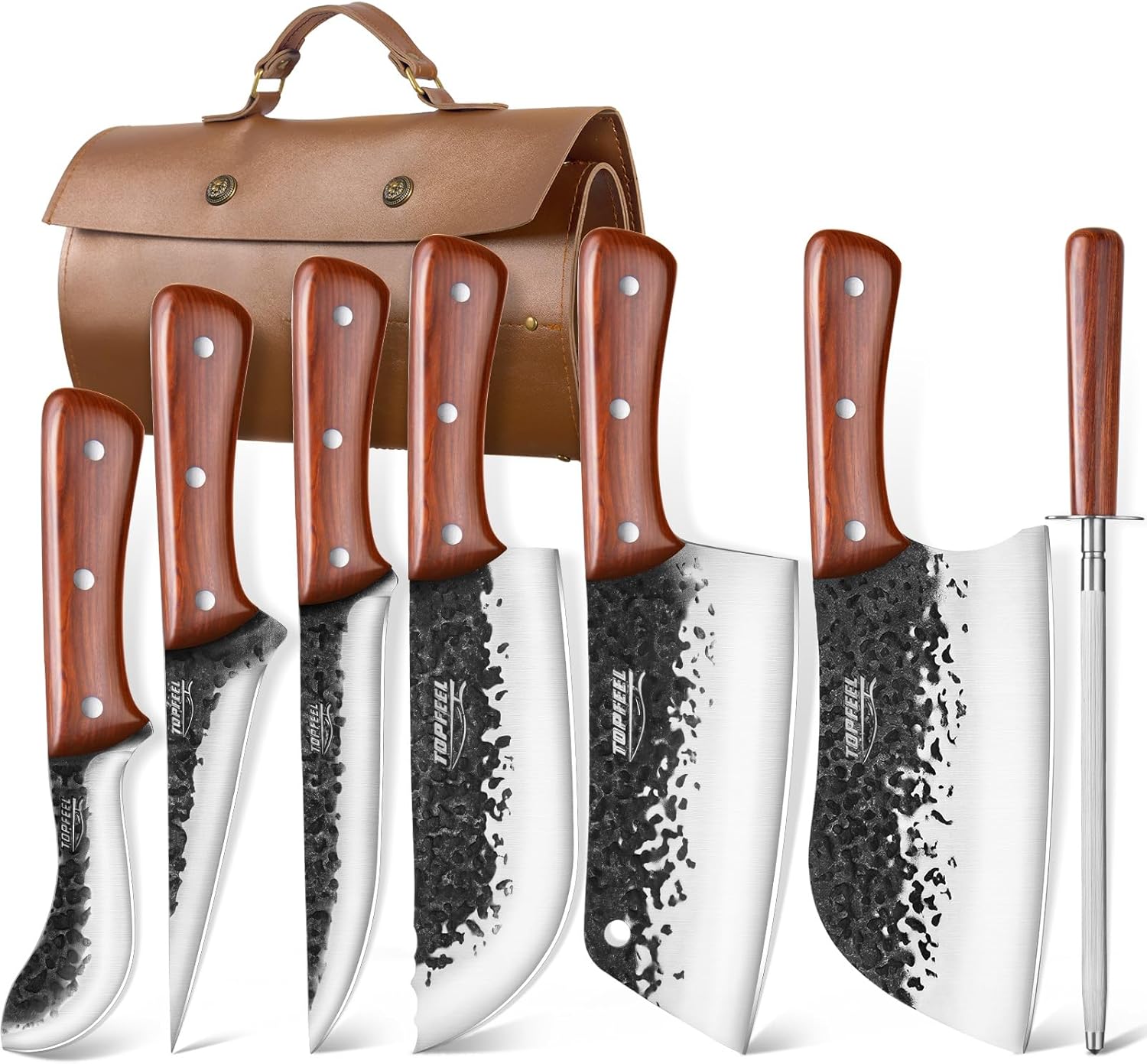 8PCS Chef Butcher Fish Knife Set for Meat Cutting with Roll Bag, Hand Forged Mea...