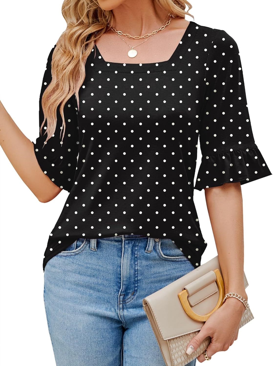 Womens 3/4 Sleeve Shirts Summer Square Neck Bell Sleeve Tops Business Casual Loo...