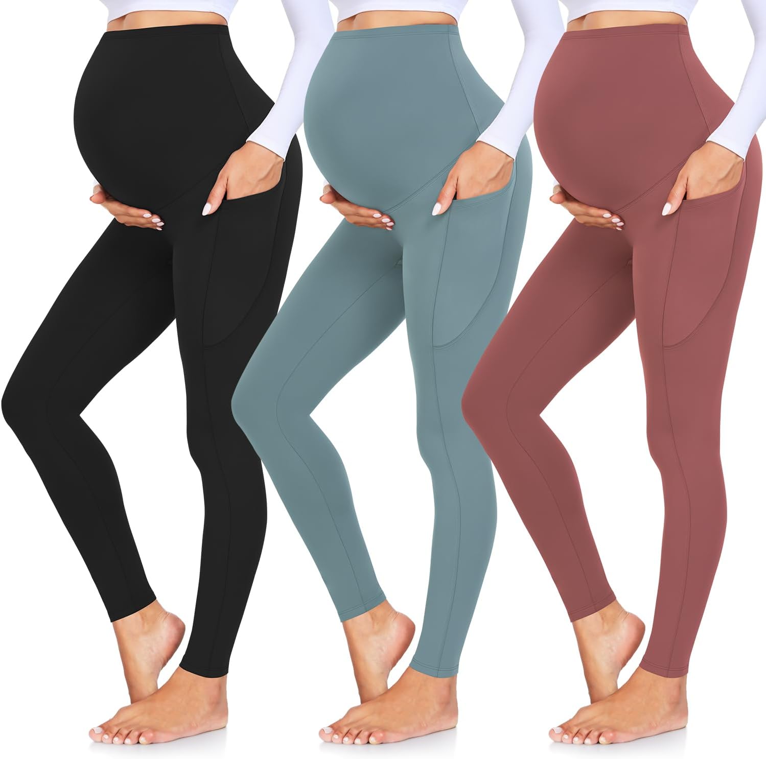 GROTEEN 3 Pack Women's Maternity Leggings Over The Belly with Pockets Super Soft...