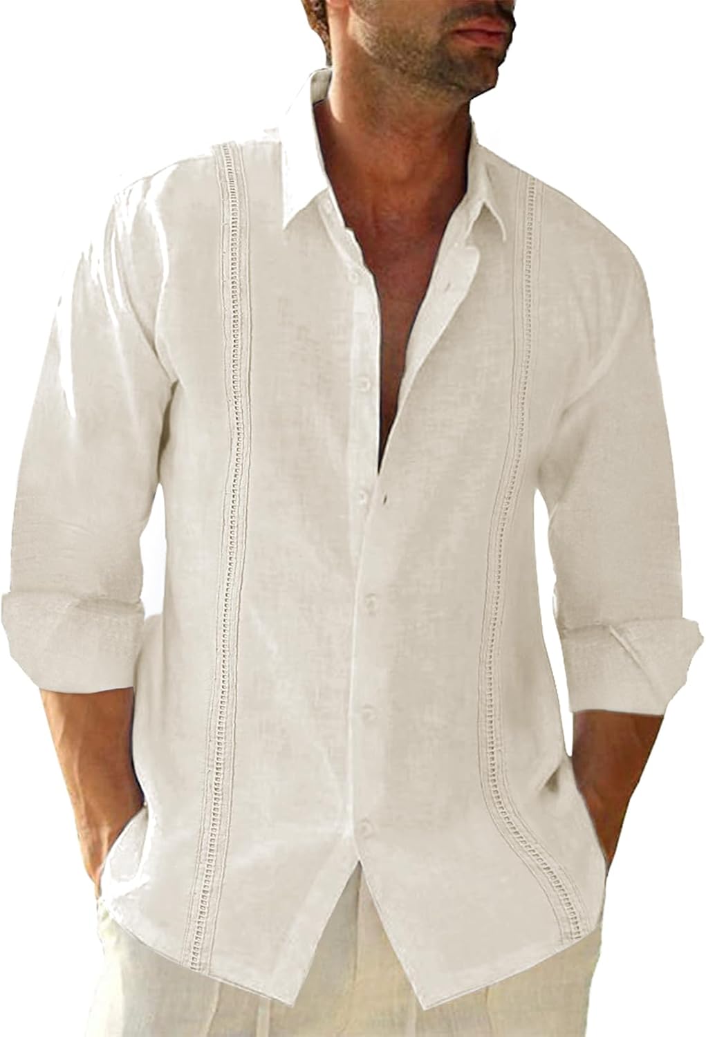 Button Down Linen Shirts for Men Casual Long Sleeve Regular Fit Cotton Beach Shi...