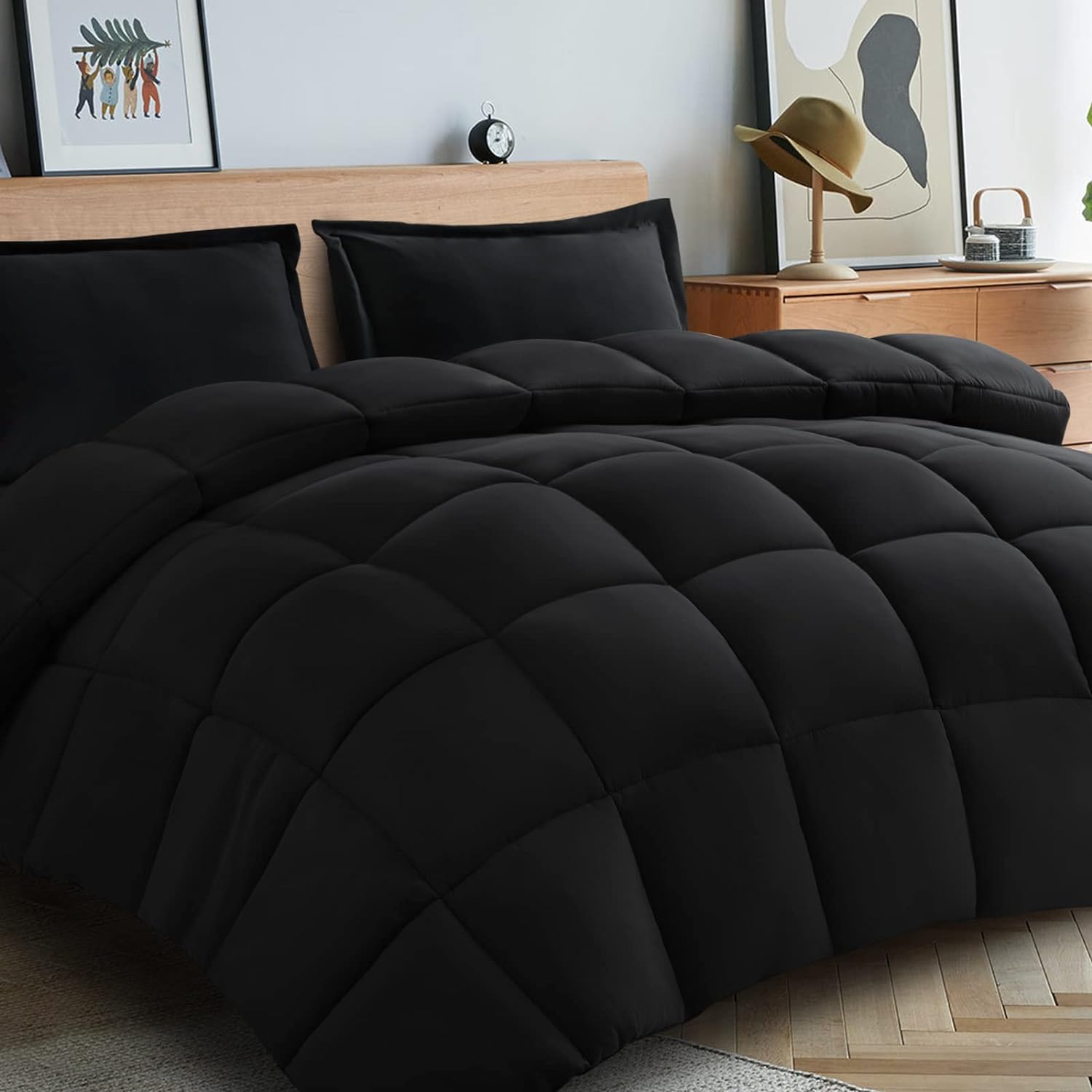 BEDHOURS Black Comforter Set Queen, 3 Pieces Ultra...