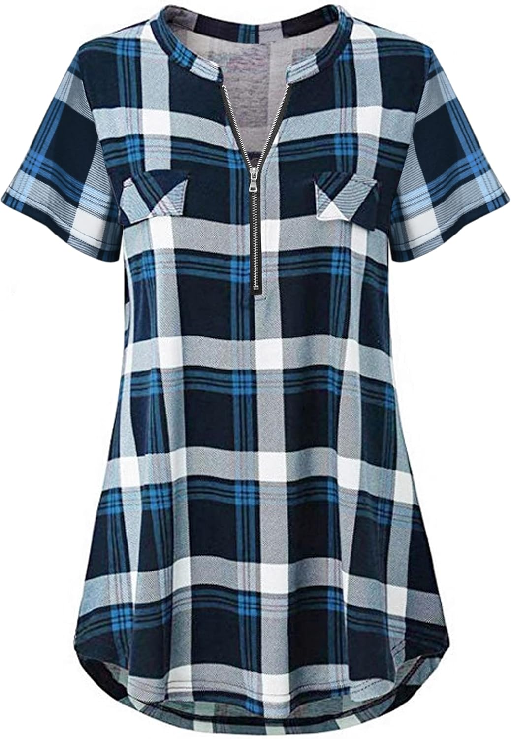 Odosalii Womens Zip Up Plaid Tunic Blouse Short/Long Sleeve Polo Top Floral Prin...