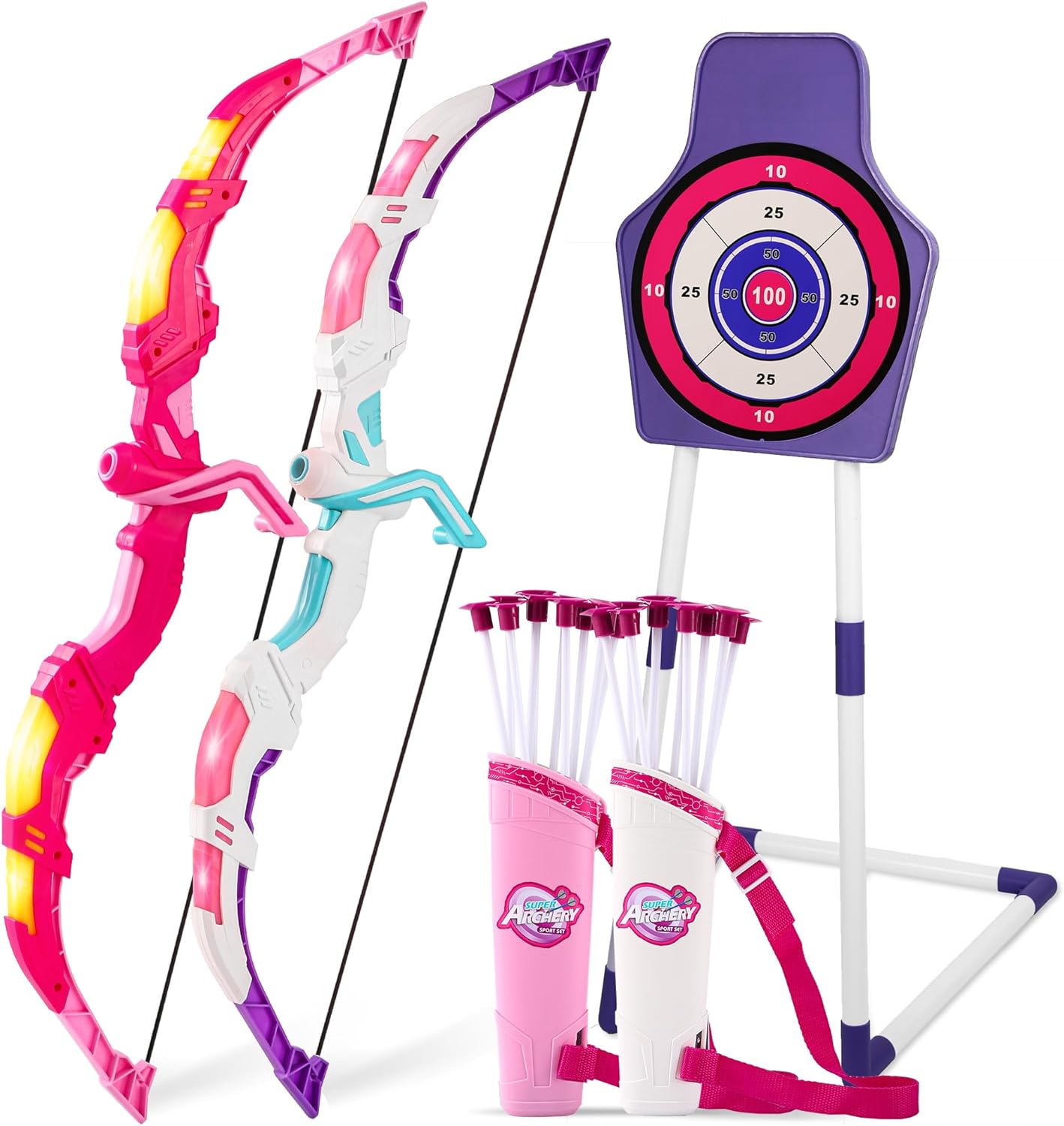 Bow and Arrow Set Girl Toys: 2 Pack LED Light Up Archery Set with 20 Suction Cup...