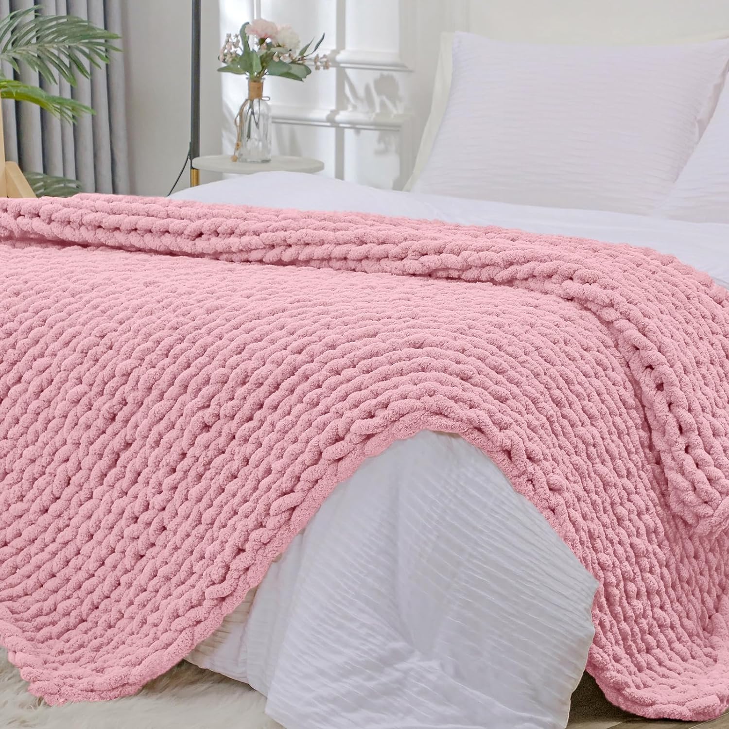 Bigacogo Chunky Knit Blanket Throw 40"x80", 100% Hand Knitted Chenille Throw Bla...