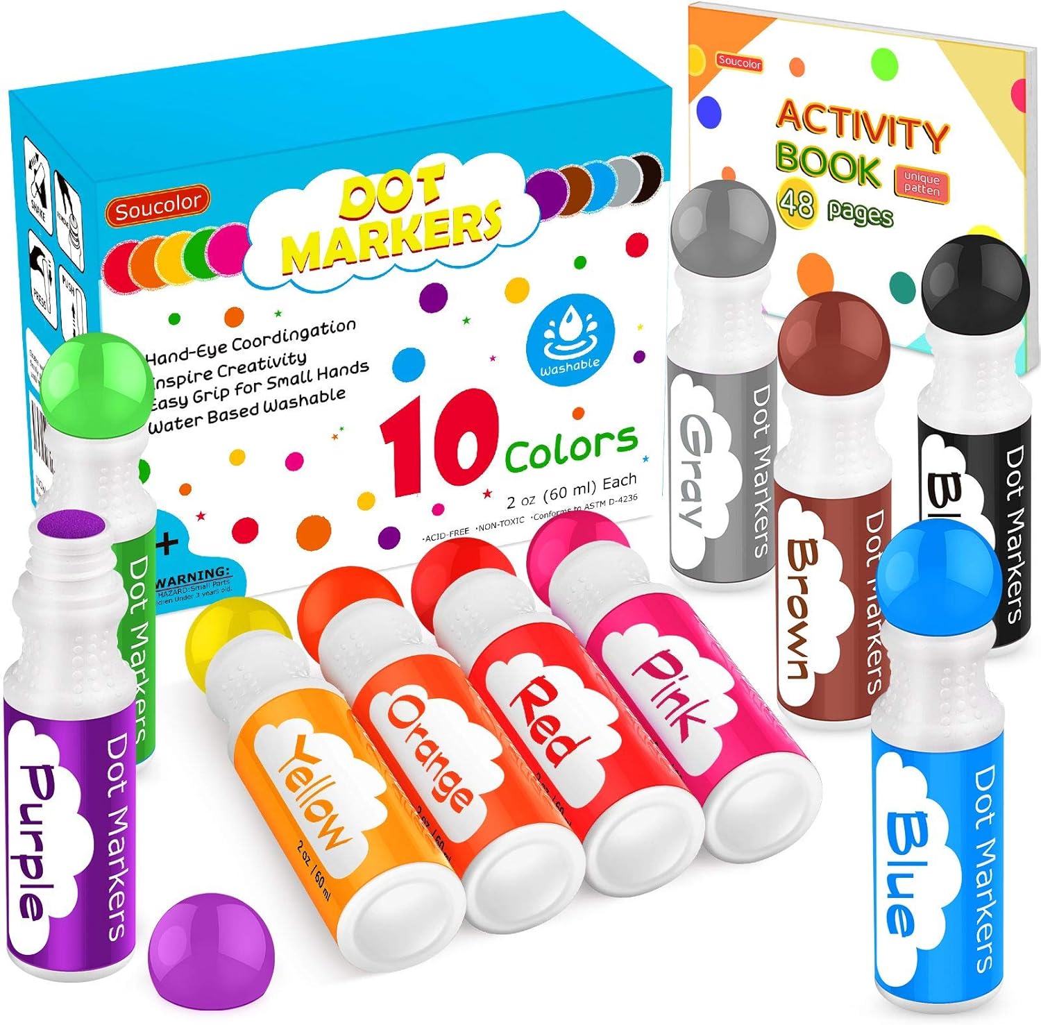 Soucolor Washable Dot Markers for Toddlers Kids Preschool, 10 Colors 2 oz Bingo...