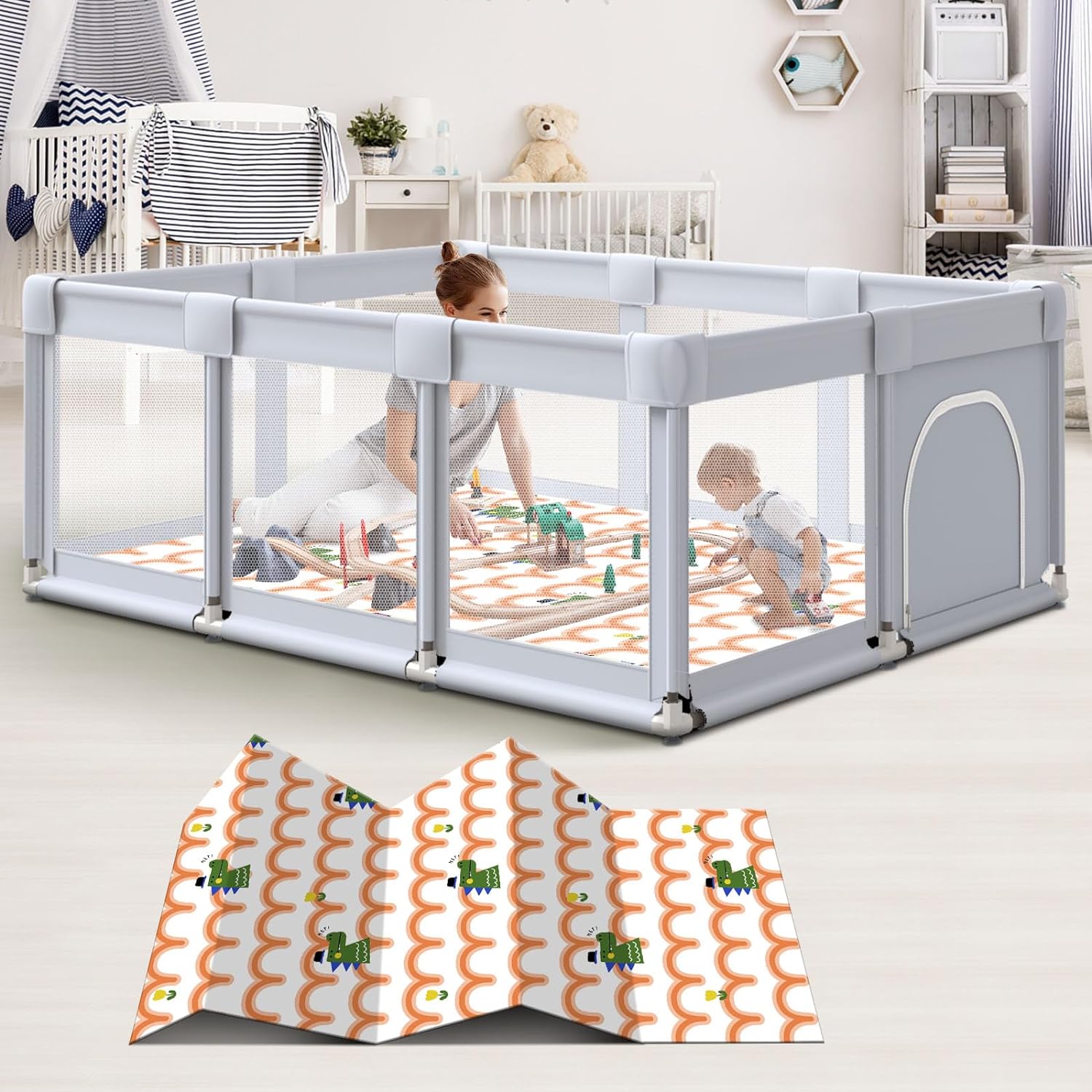 Baby Playpen 74"x50" Play Pens for Babies and Toddlers, Large Play Yards for Ind...
