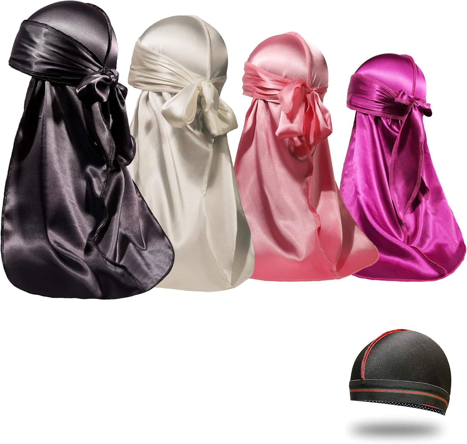 4PCS Silky Durags for Men Women 360 Waves with 1 Wave Cap, Silky Satin Durag Ext...