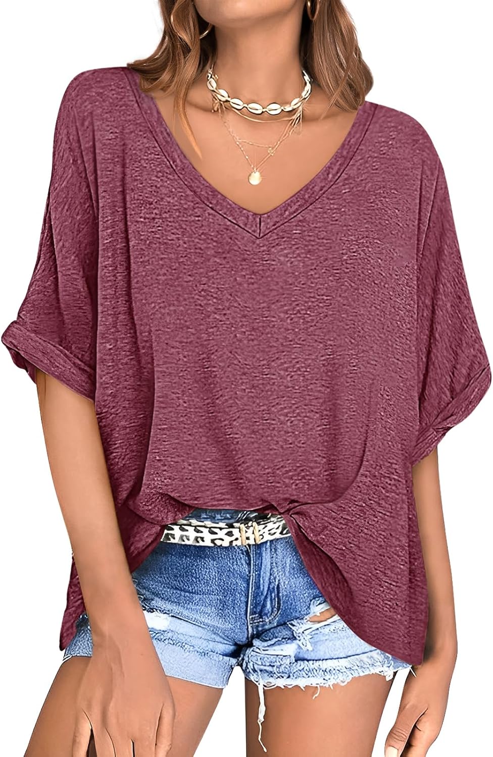 UEU Womens Oversized T-Shirts Summer V Neck Casual Shirts Short Sleeve Workout T...