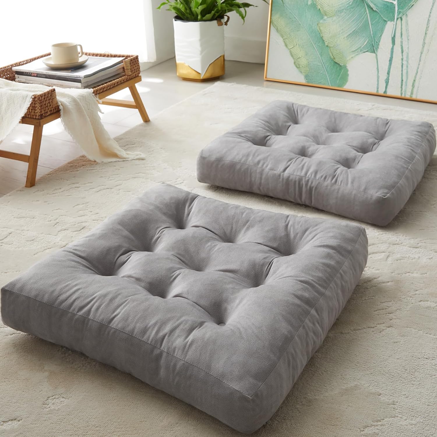Meditation Floor Pillow Cushions for Adults Kids Set of 2, Large Square Double-S...