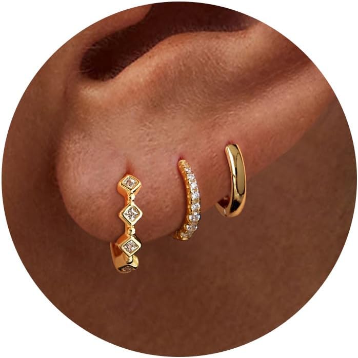 3 Pairs Gold Hoop Earrings Set: Dainty Stud Earrings Trendy Small 14K Gold Plate...