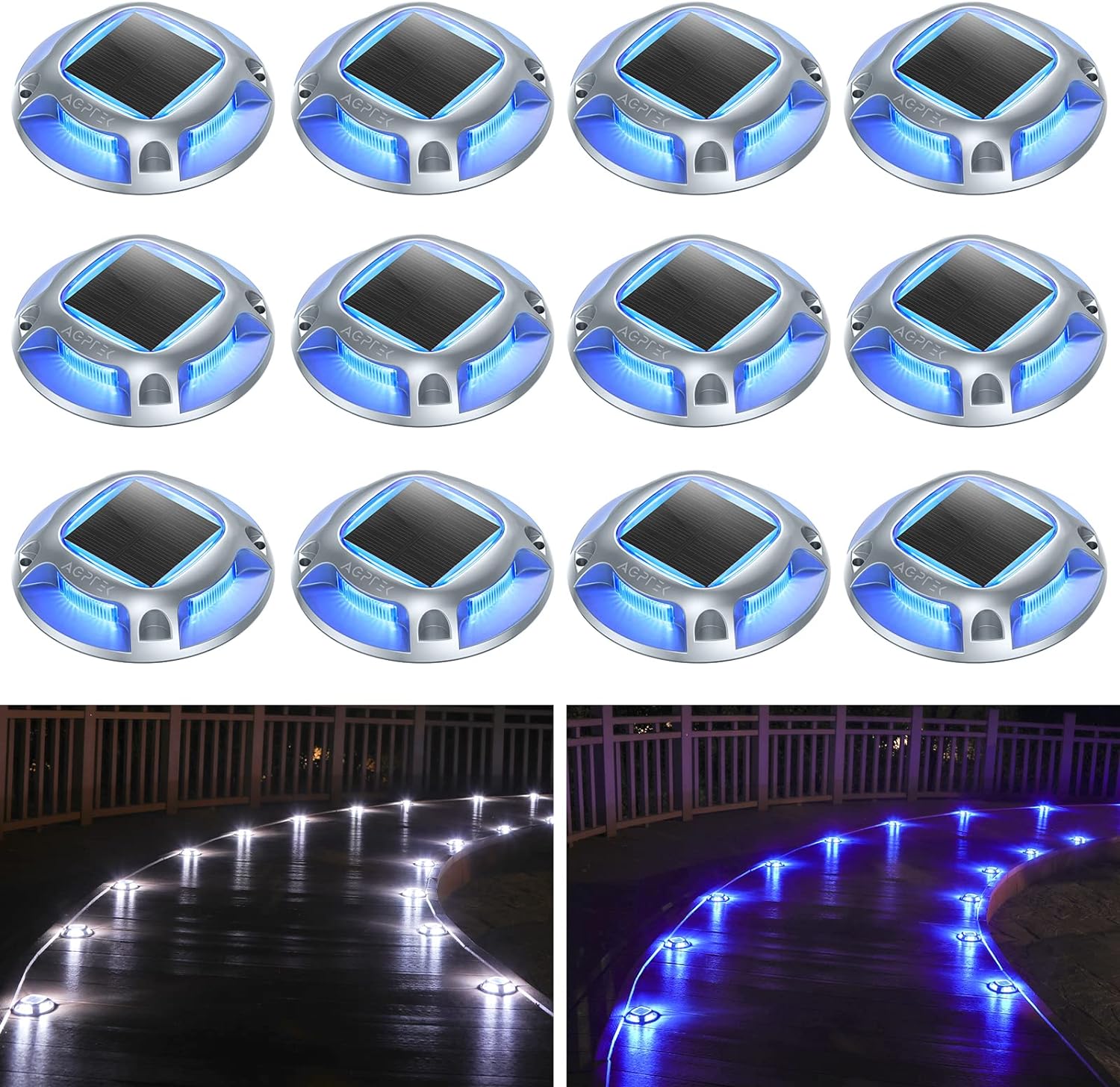AGPTEK Solar Driveway Lights Outdoor 12 Pack, Solar Deck Lights 2 Color Modes Do...