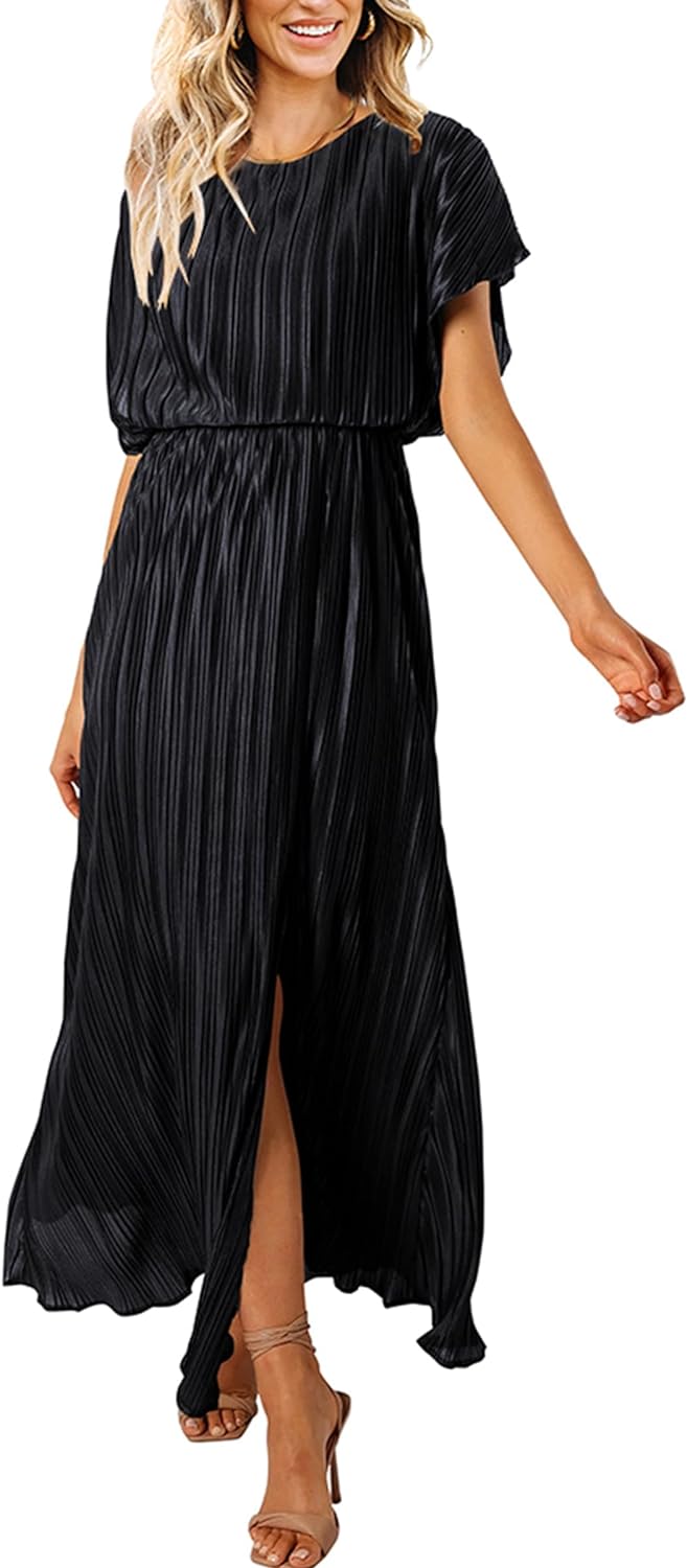 ECOWISH Womens Summer Maxi Dresses: Crew Neck Ruffle Cocktail Dress Sexy Pleated...