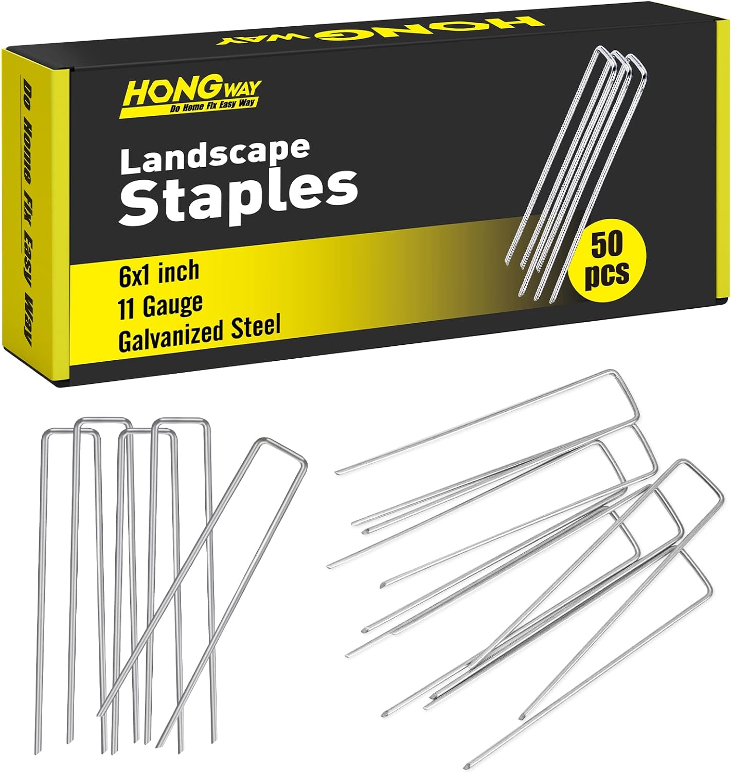 HongWay 50 Pack Landscape Staples 6 Inch 11 Gauge Stakes, Galvanized Garden Stap...