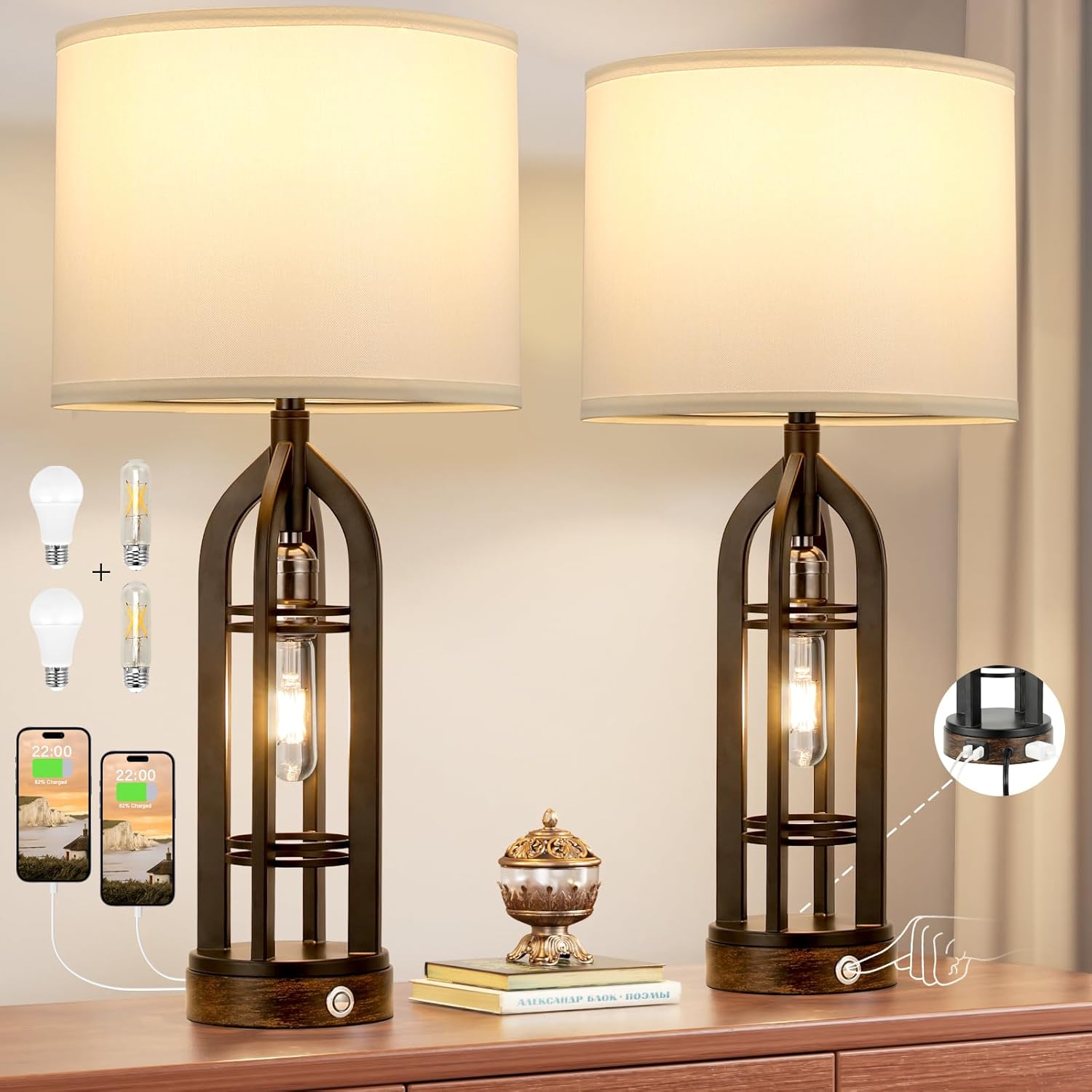 Table Lamp for Living Room - White Farmhouse Lamps for Night Stands with USB C+A...