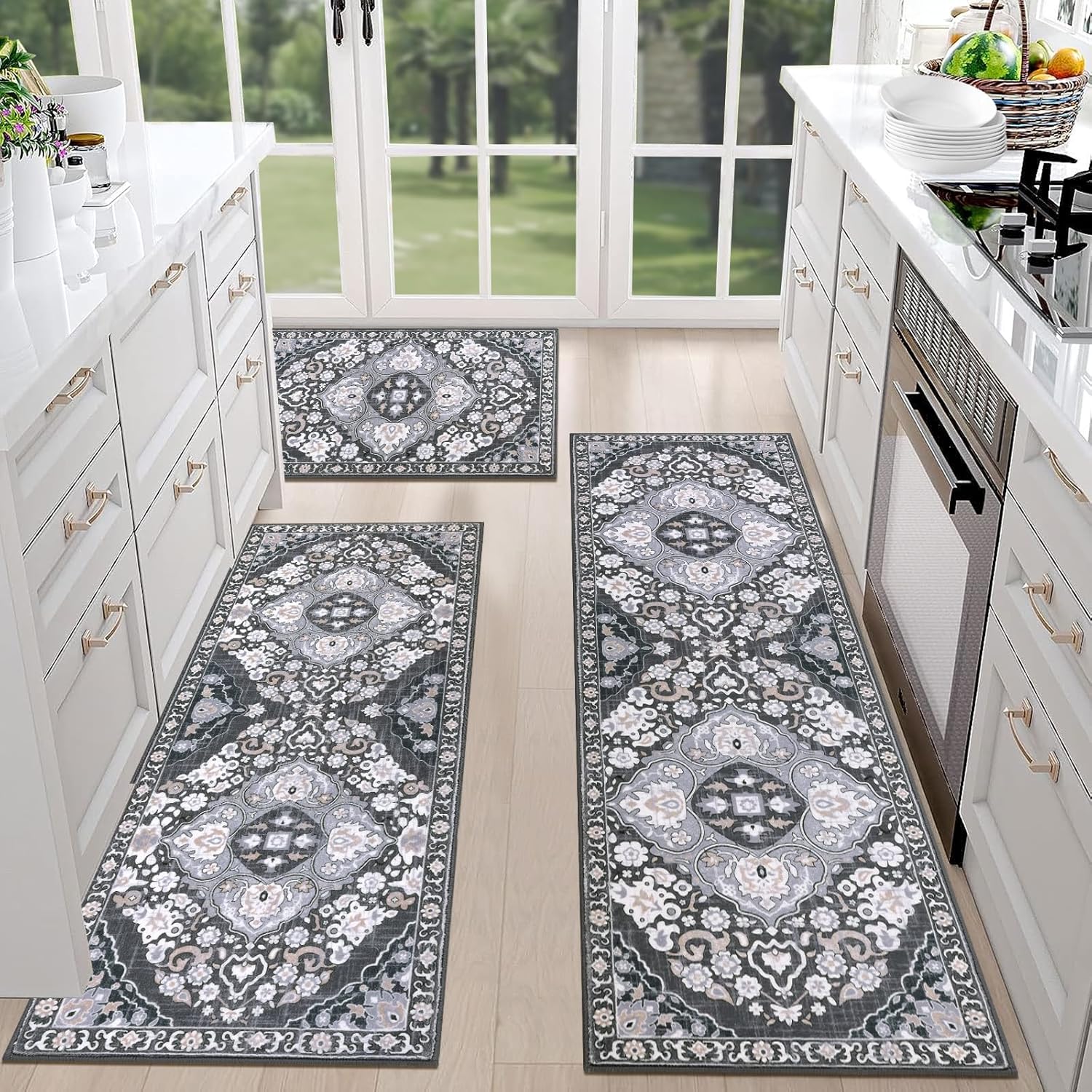 HEBE Farmhouse Kitchen Rugs Sets of 3 Non Slip Washable Kitchen Rugs and Mats Bo...