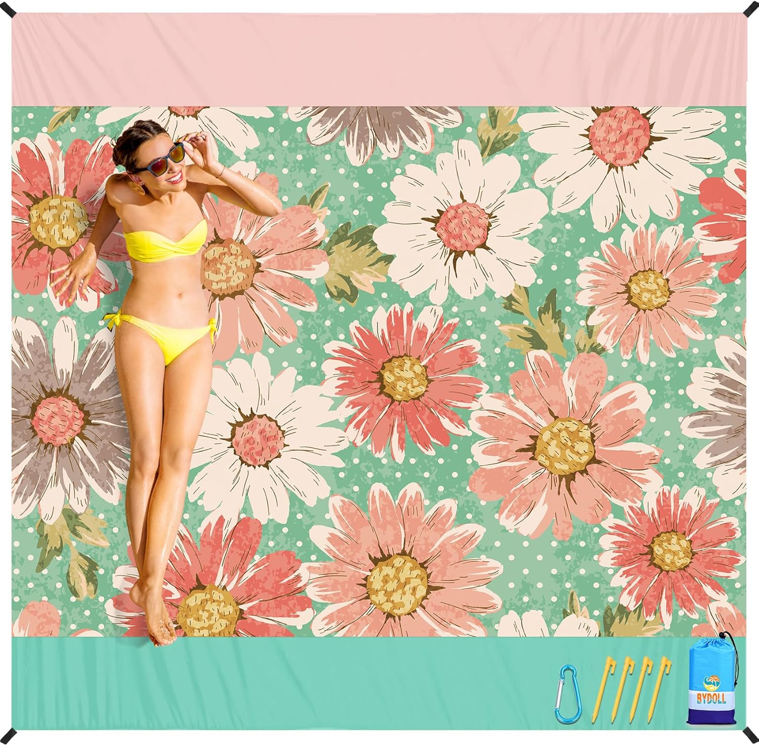 BYDOLL Beach Blanket Sandproof Waterproof 78''×81'' 1-4 Adults Compact Lightweig...