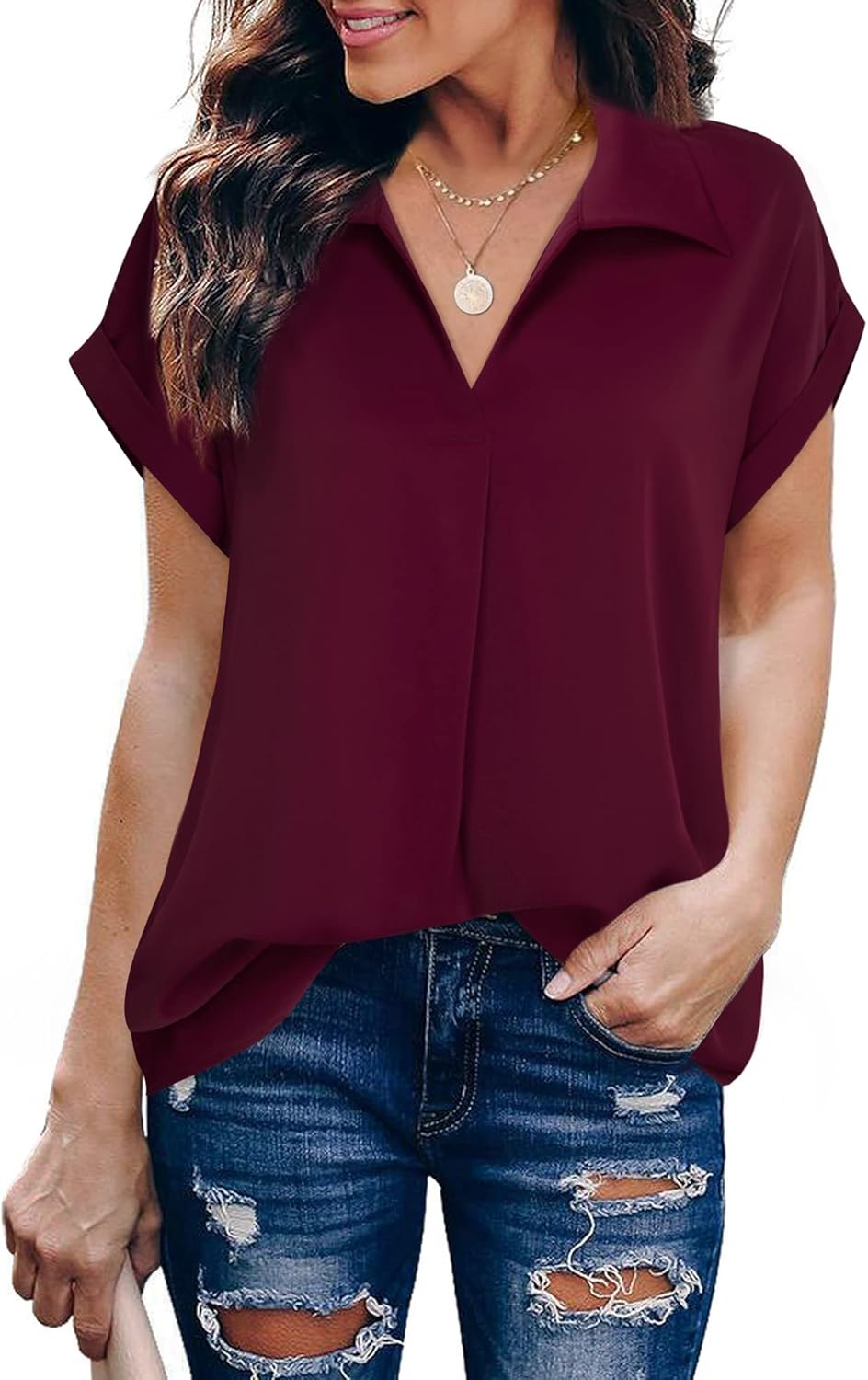 Gaharu Women's Summer Work Blouse V Neck Short Sleeve Lapel Shirt Top Tunic X-La...