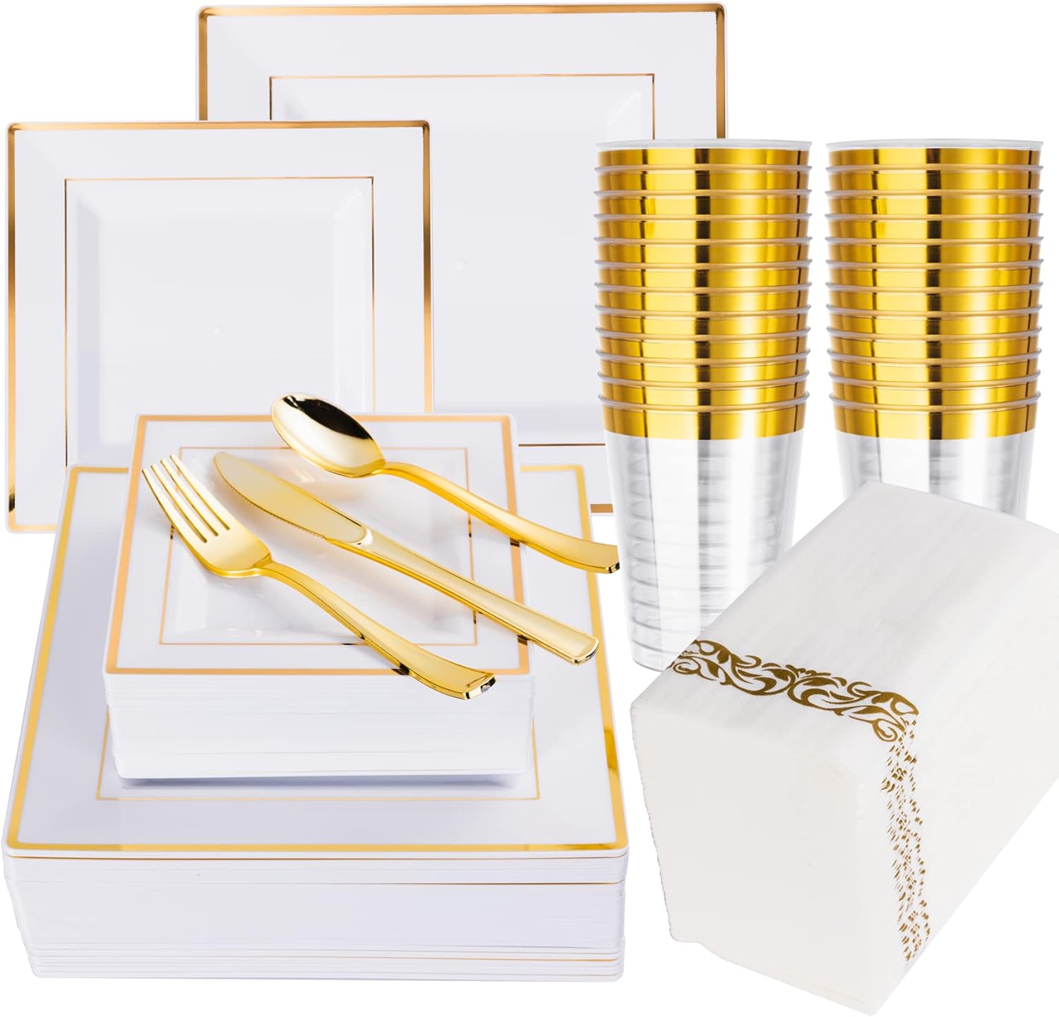 N9R 50 Guest Gold Dinnerware Set-100 White Square Plastic Plates with Gold Rim,...