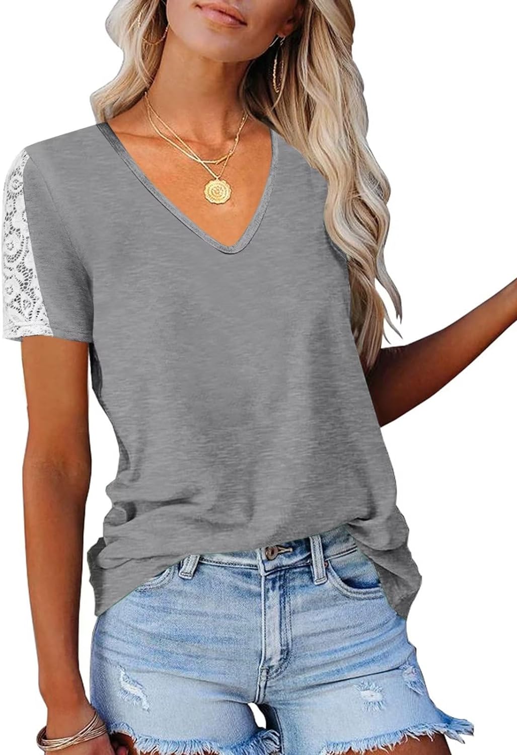 Womens Lace Short Sleeve V Neck T Shirts Summer Casual Tops Loose Fit Tees Blous...