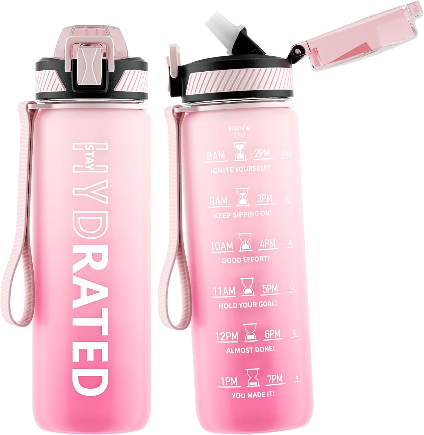 Water Bottle with Straw, 27 oz Motivational Water Bottles with Time Marker to Dr...