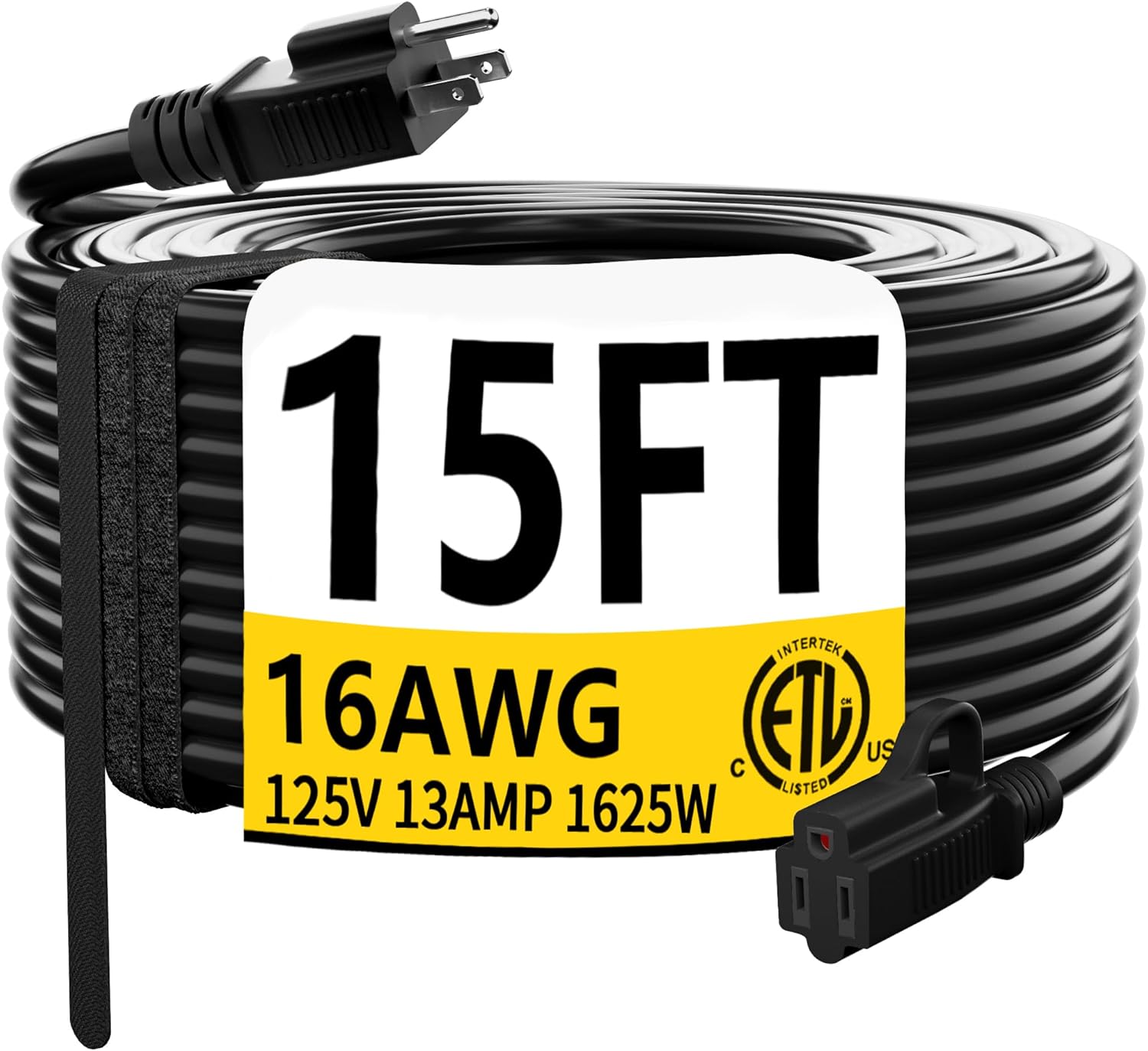 HUANCHAIN Indoor Outdoor Black Extension Cord 15 ft Waterproof, 16/3 Gauge Flexi...