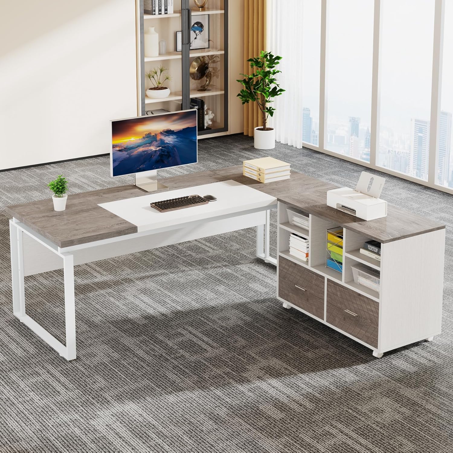 Tribesigns L-Shaped Executive Desk with Reversible File Cabinet, 63" Office Desk...