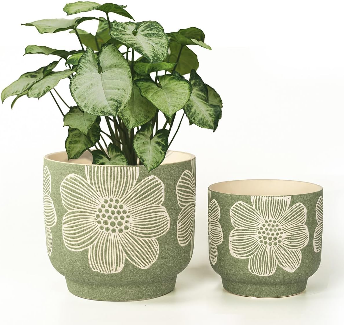 YBX 8 Inch + 6 Inch White Flower Pattern Plant Pots, Sand Glazed Ceramic Planter...