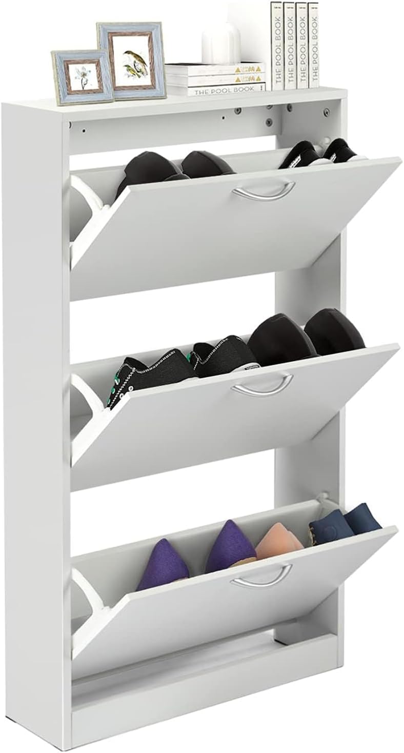 HOPUBUY Shoe Cabinet for Entryway, White Narrow Shoe Storage Cabinet Flip Down S...