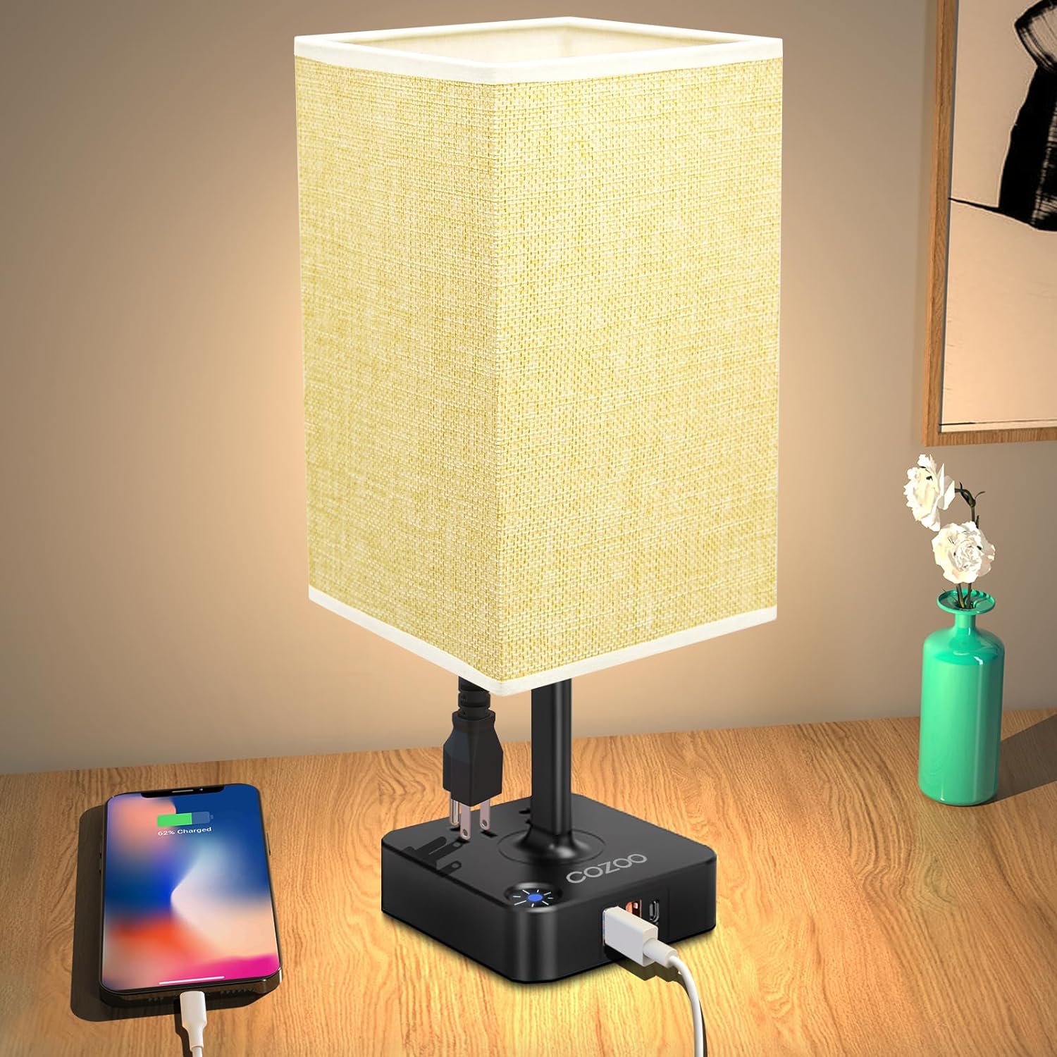 Bedside Table Desk Lamp with 3 USB Charging Ports and 2 Outlets Power Strip,3 Wa...