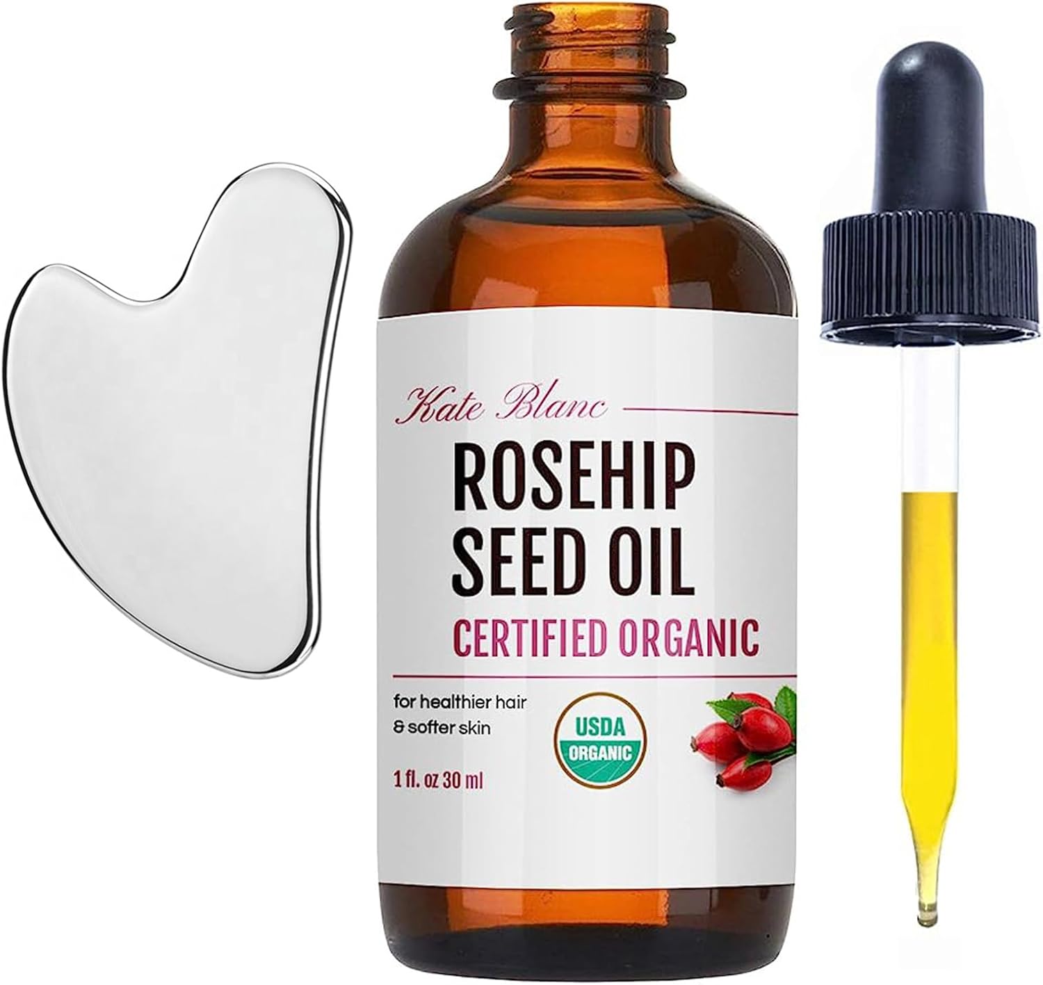 Kate Blanc Cosmetics Rosehip Oil for Face with Stainless Gua Sha. Rosehip Seed F...