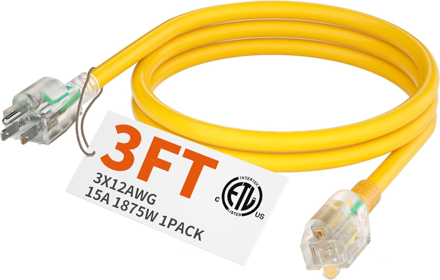 HUANCHAIN 3 ft 12/3 Gauge Heavy Duty Outdoor Extension Cord Waterproof with Ligh...